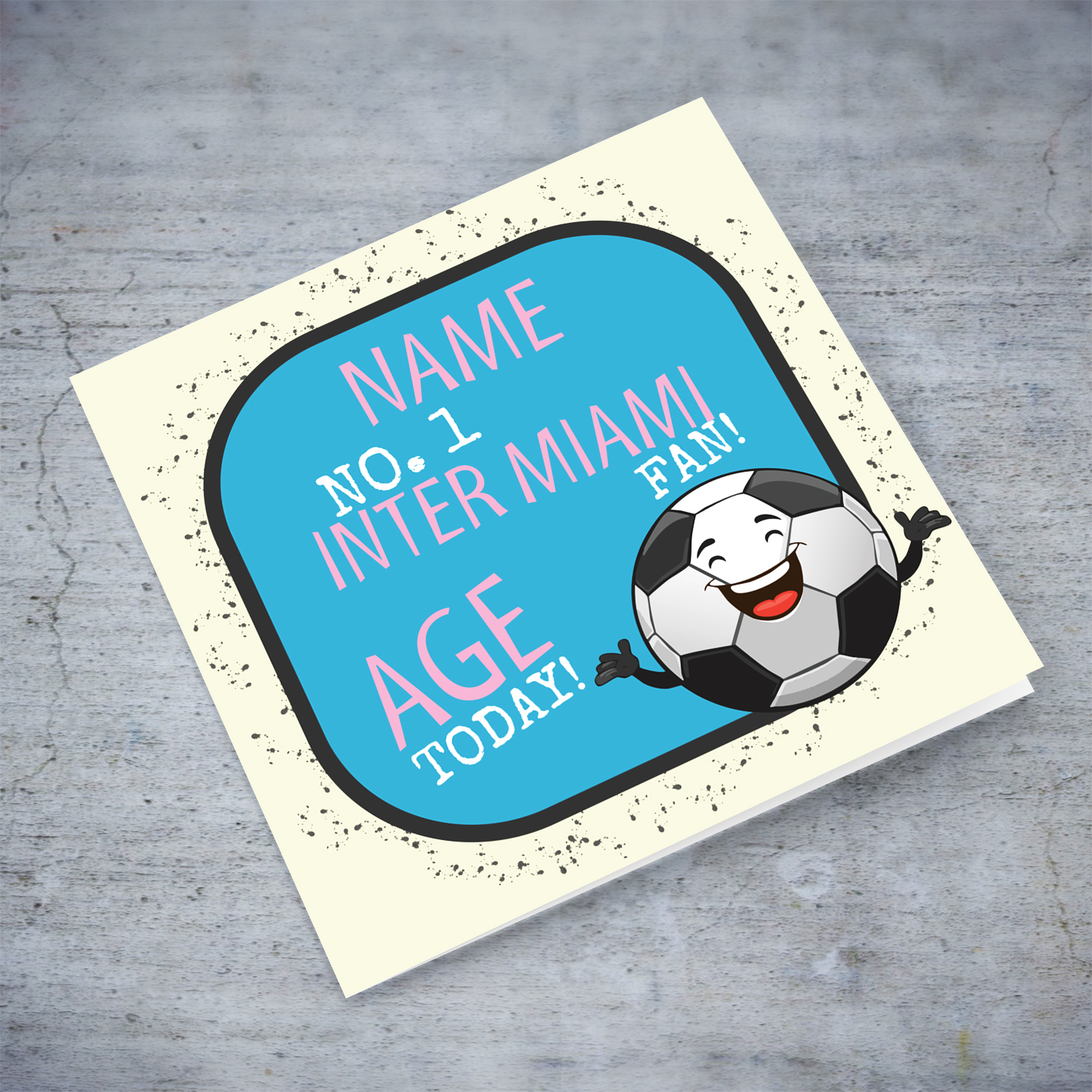 Football themed birthday card for the INTER MIAMI fans with cute ball illustration in English