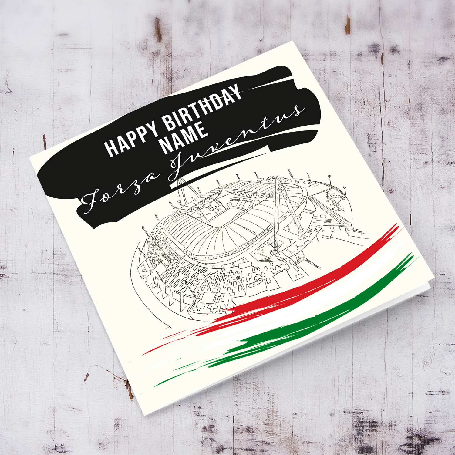 Hand drawn Allianz Stadium - Birthday Card with Italian flag colours - Forza Juventus in English