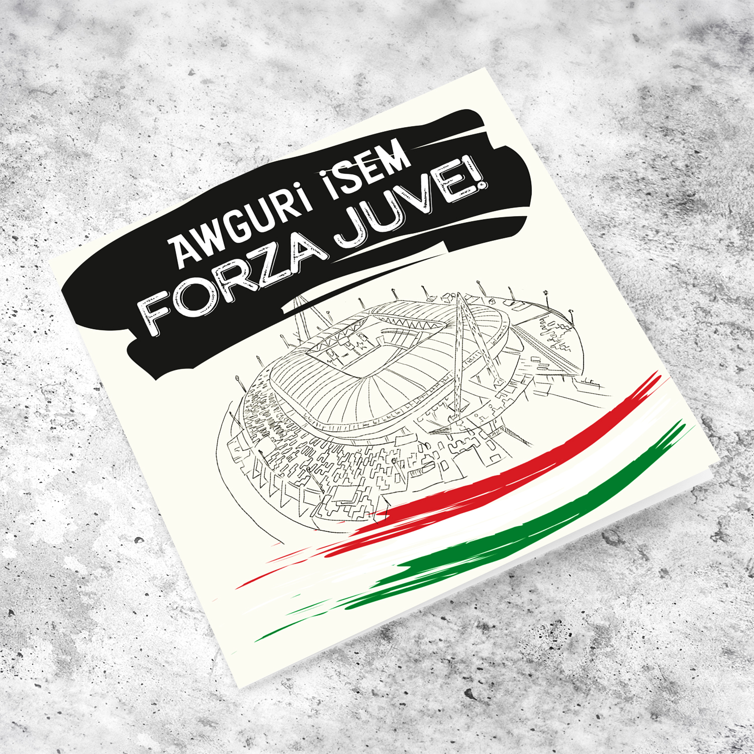 Hand drawn Allianz Stadium - Birthday Card with Italian flag colours - Forza Juventus in Maltese
