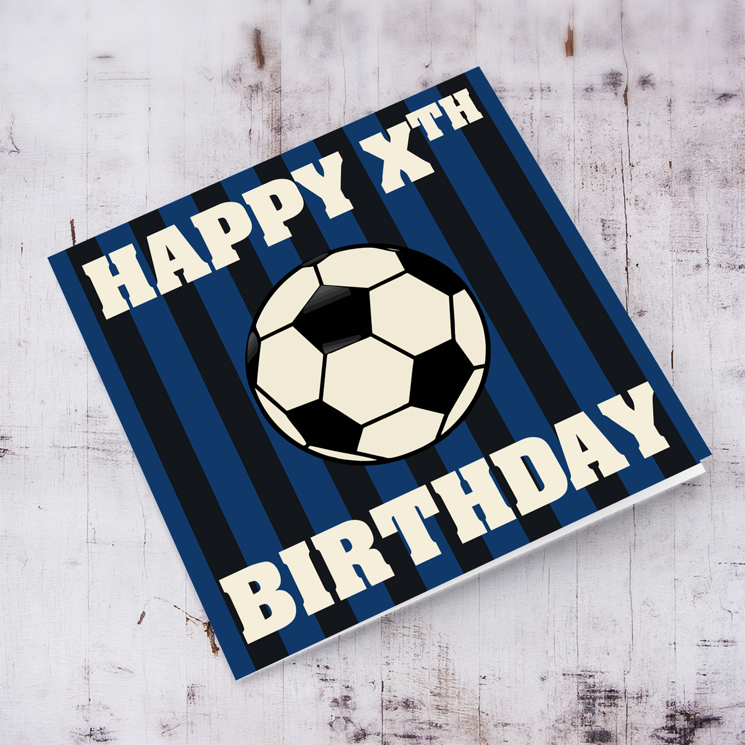 Inter & Atalanta themed birthday card in black and blue stripes in English (Personalisable - Enter Age)