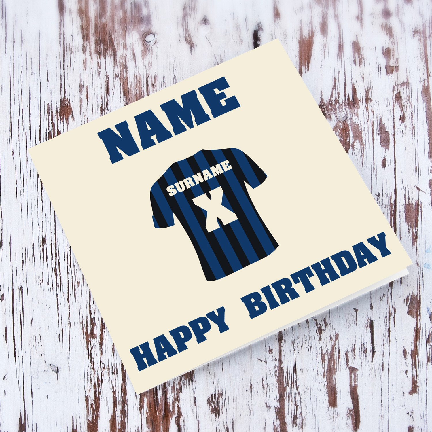Inter / Atalanta themed birthday card featuring a football kit in black and blue stripes, adding a personal touch: Surname and Age or Kit Number in English (Personalisable)