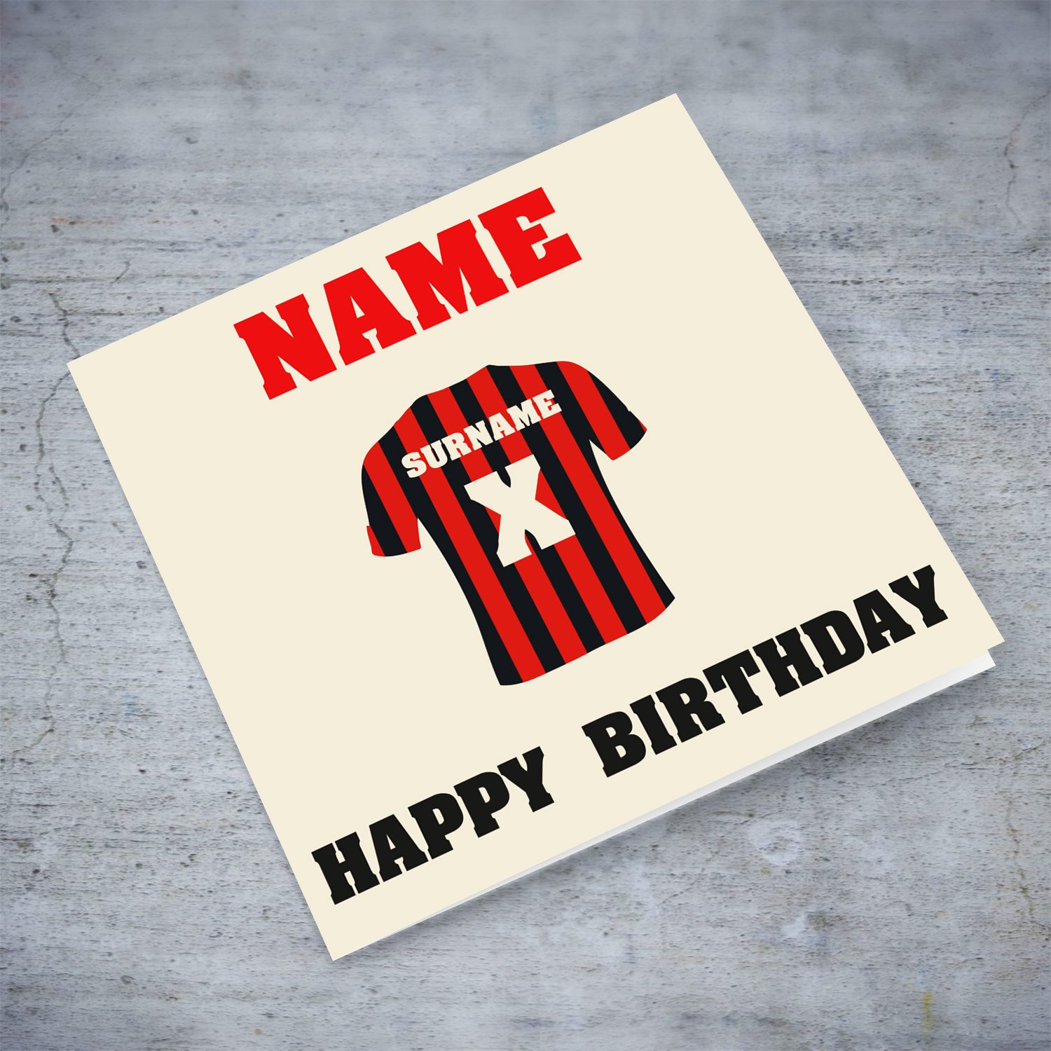 Milan themed birthday card featuring a football kit in black and red stripes, adding a personal touch: Surname and Age or Kit Number in English (Personalisable)