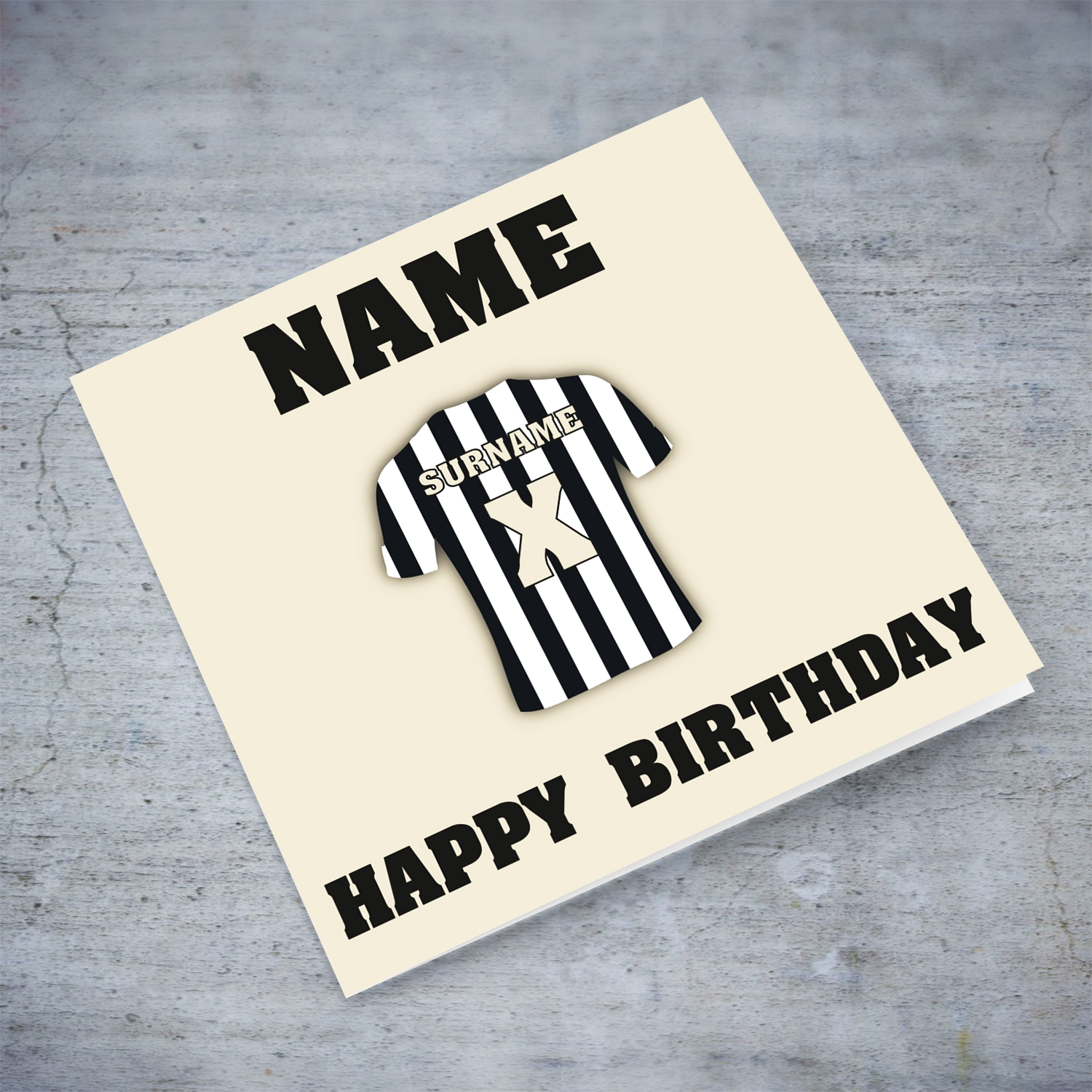 Juventus / Udinese / New Castle themed birthday card featuring a football kit in black and white stripes, adding a personal touch: Surname and Age or Kit Number in English (Personalisable)