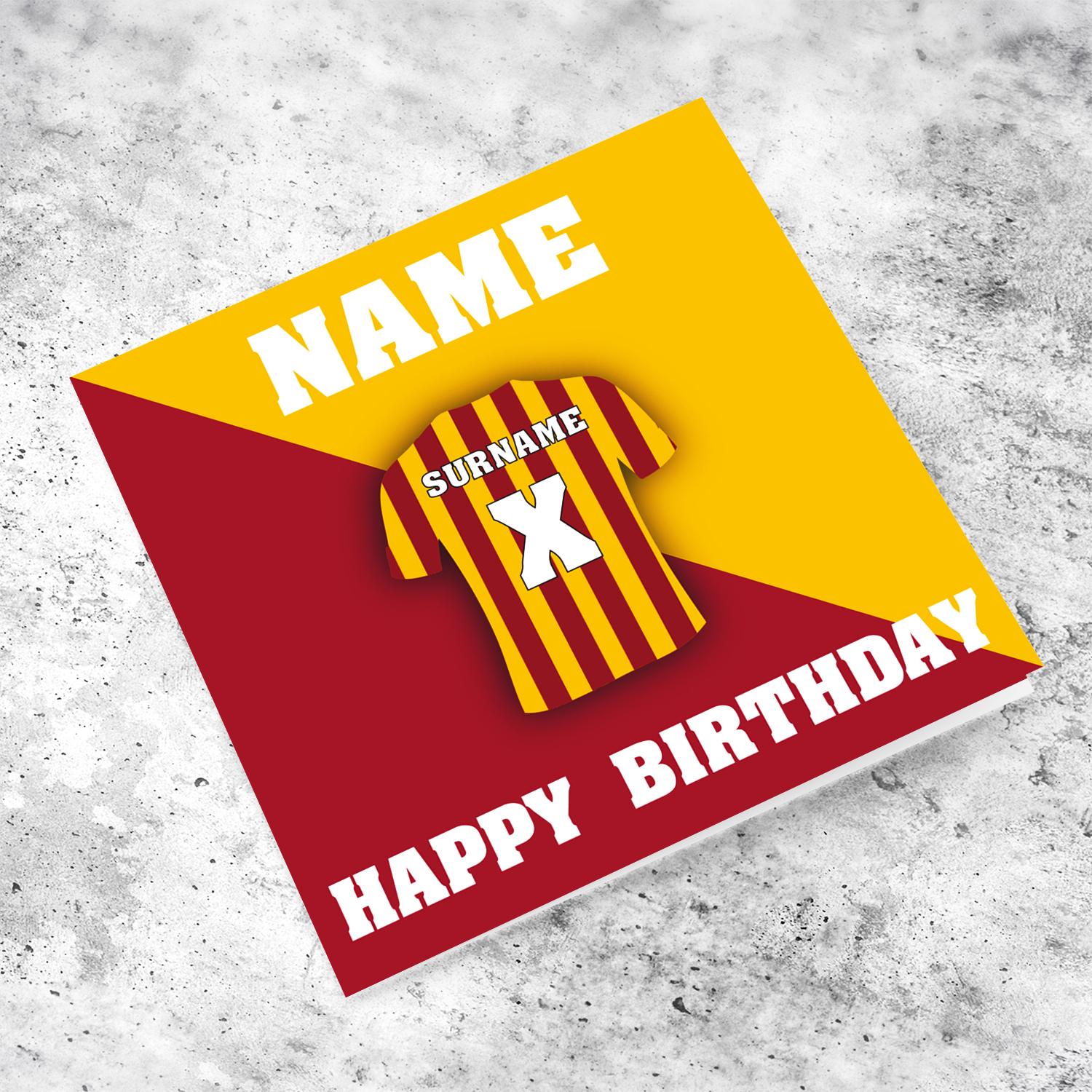 AS Roma football themed birthday card featuring a football kit in red and yellow stripes, adding a personal touch: Surname and Age or Kit Number in English (Personalisable)