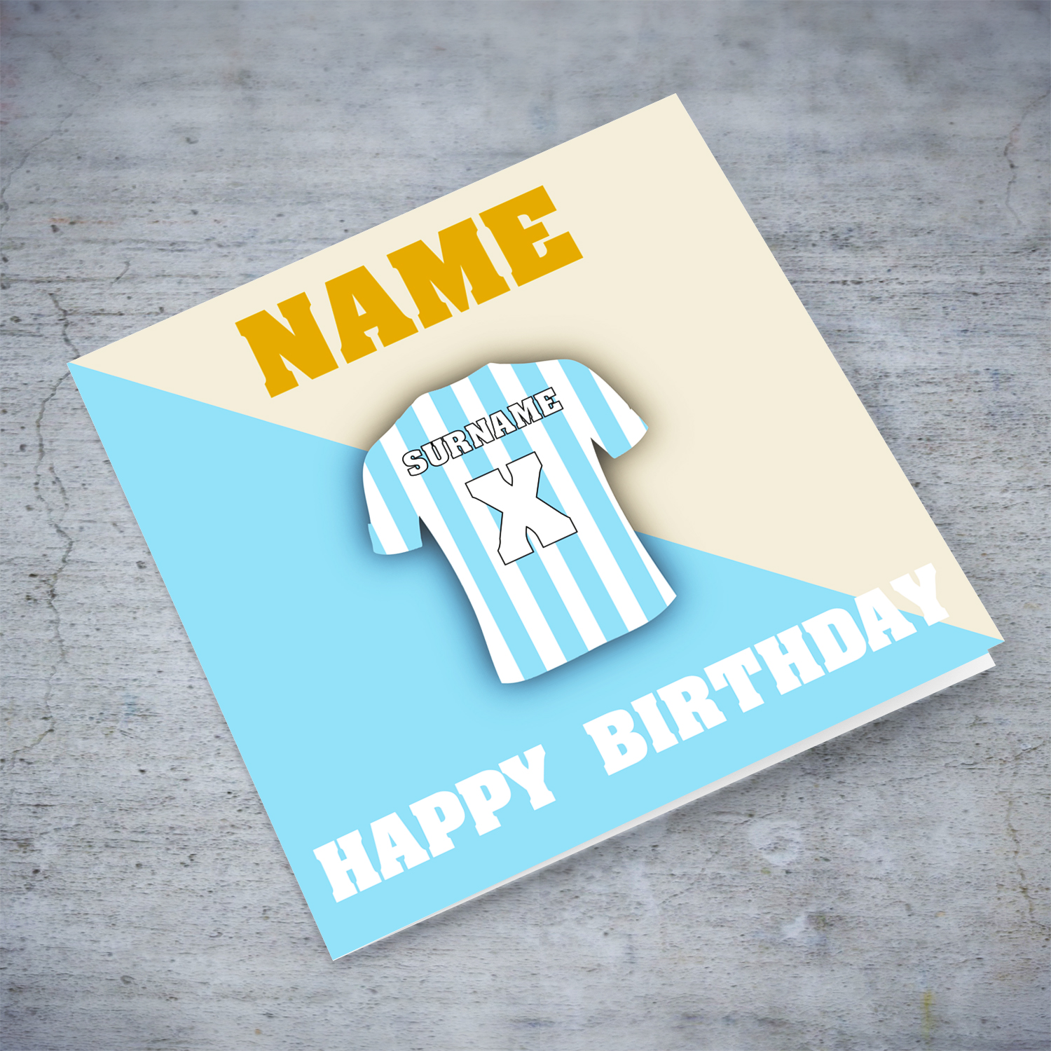 SS Lazio themed birthday card featuring a football kit in white and light blue stripes, adding a personal touch: Surname and Age or Kit Number in English (Personalisable)