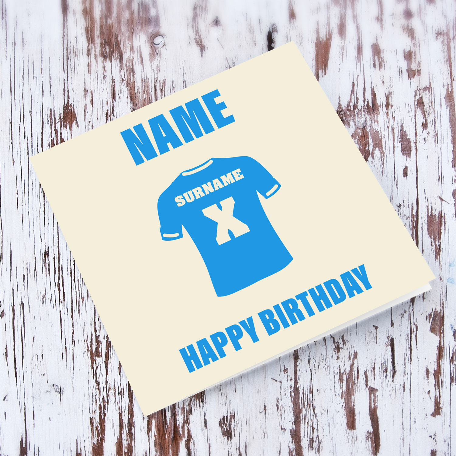 Napoli / Manchester City themed birthday card featuring a blue football kit with white touches, adding a personal touch: Surname and Age or Kit Number in English (Personalisable)