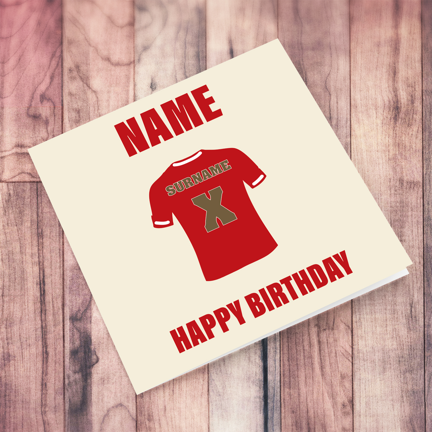 Liverpool / Manchester United / Roma / themed birthday card featuring a football kit in red, adding a personal touch: Surname and Age or Kit Number in English (Personalisable)