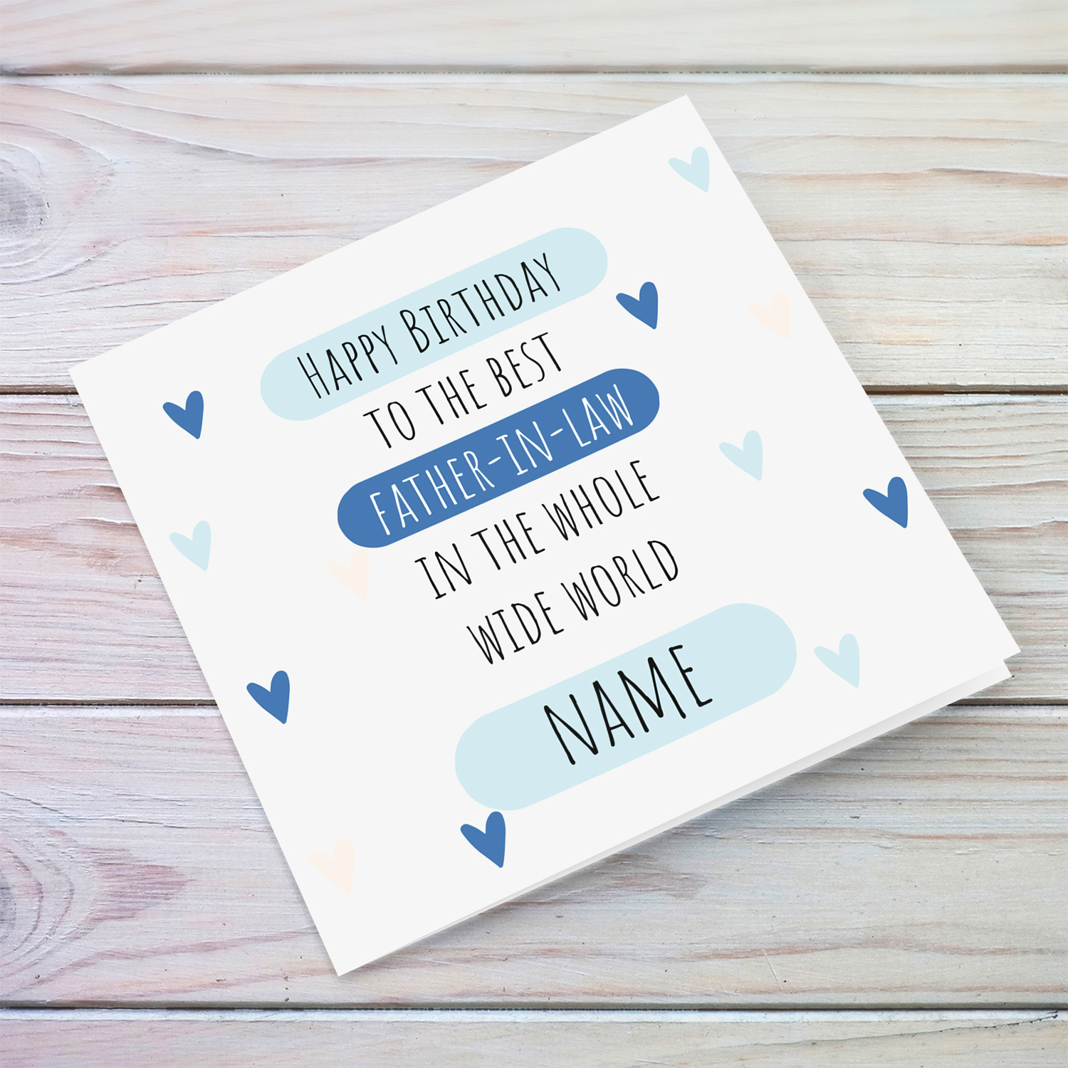 Happy Birthday to the best father-in-law in the whole wide world - birthday card in light gray background and scattered hearts in English (Personalisable)