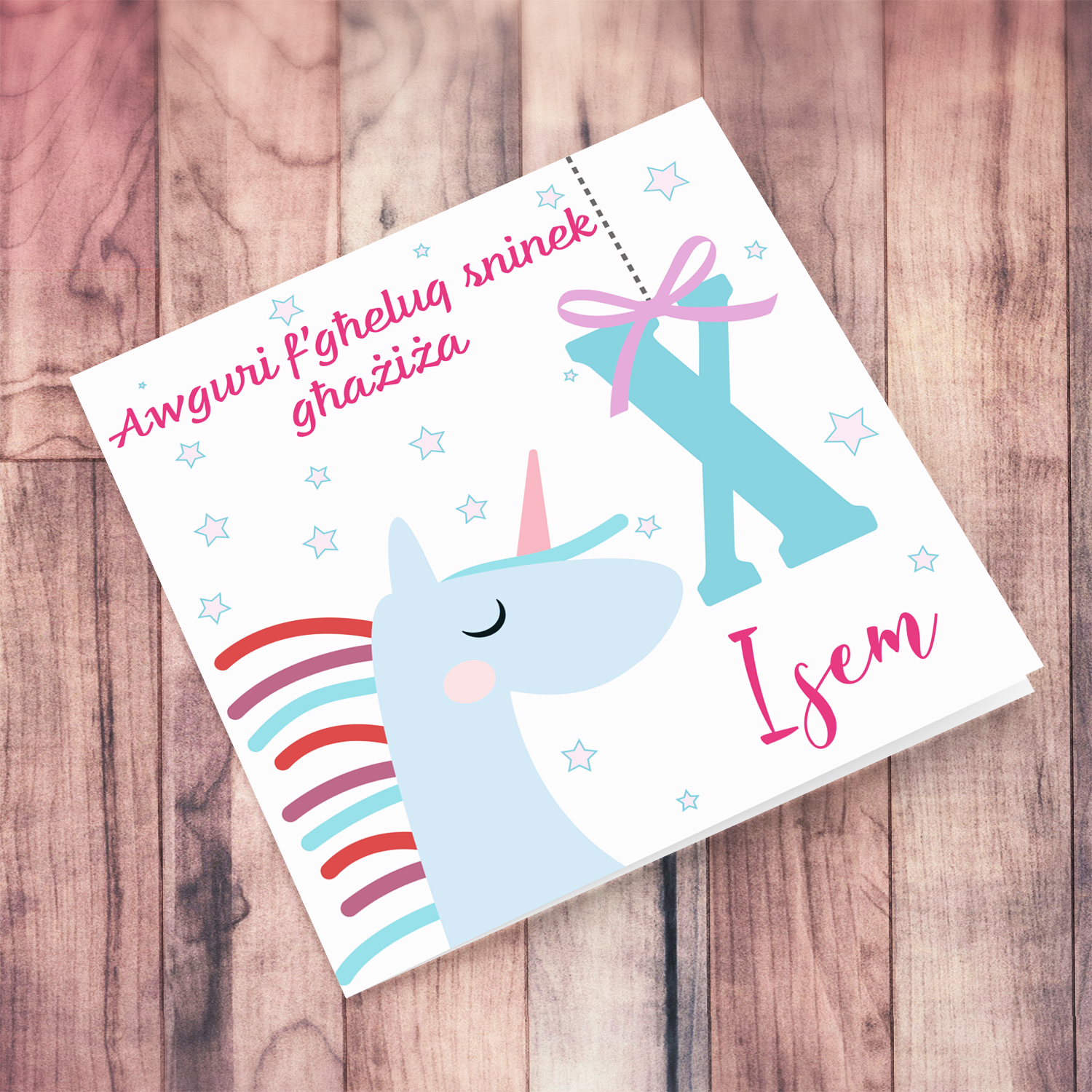 Cute unicorn themed birthday card with scattered hearts and hanging age number in Maltese