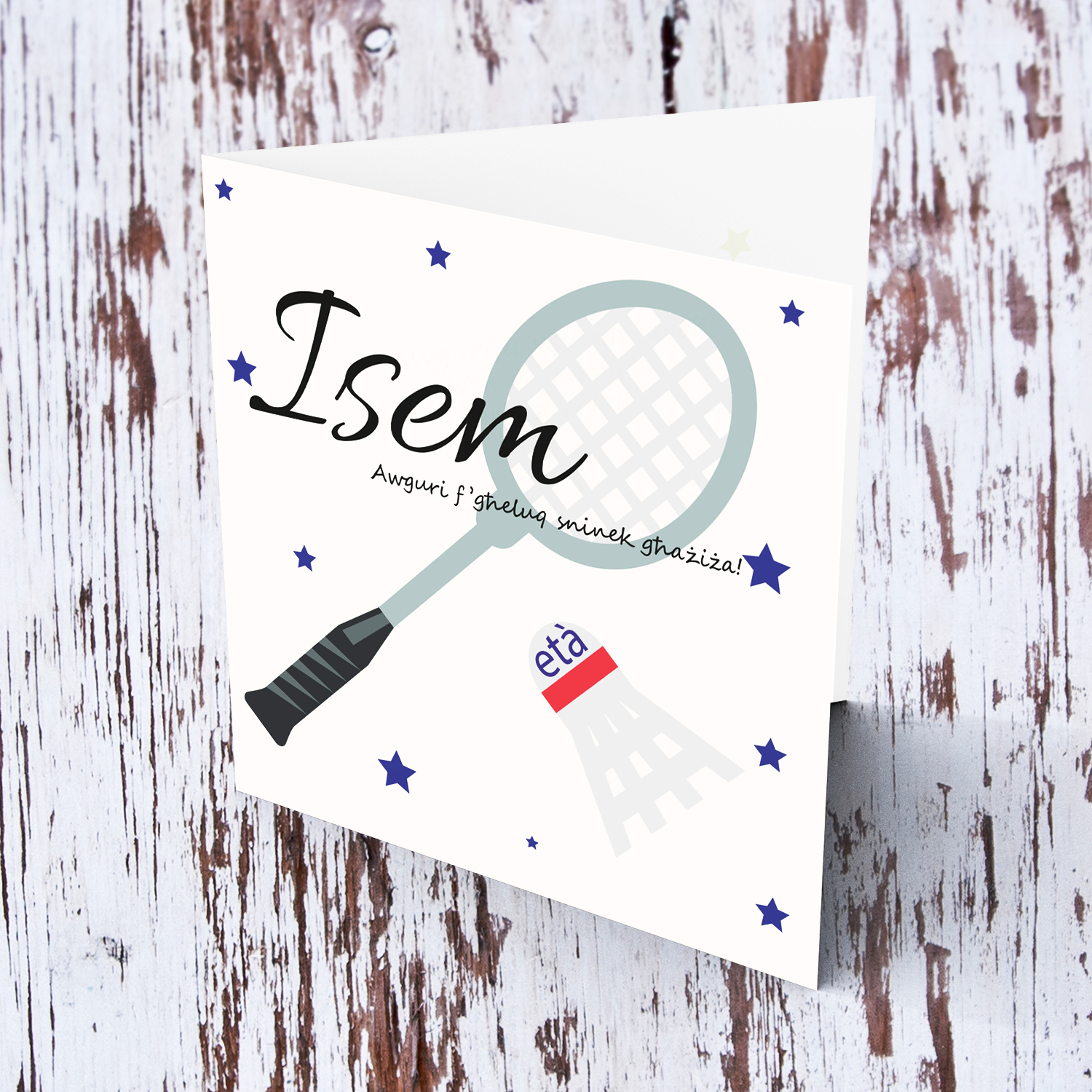 Badminton themed birthday card in Maltese (Female & Personalisable)
