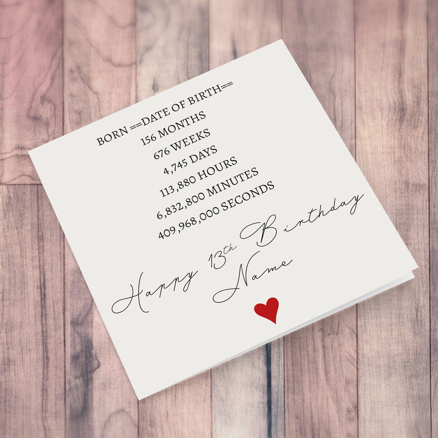 Teenager minimalist birthday card with red heart, with months, weeks, days etc... in English (Personalisable)