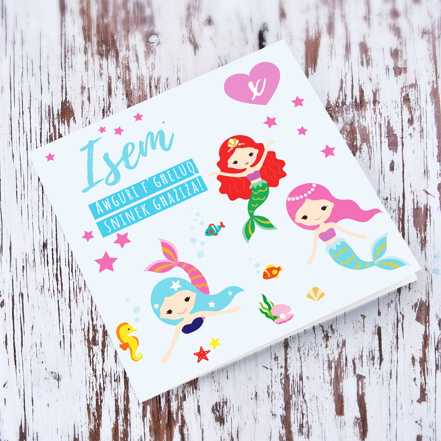 Colourful mermaid themed birthday card for girls in Maltese