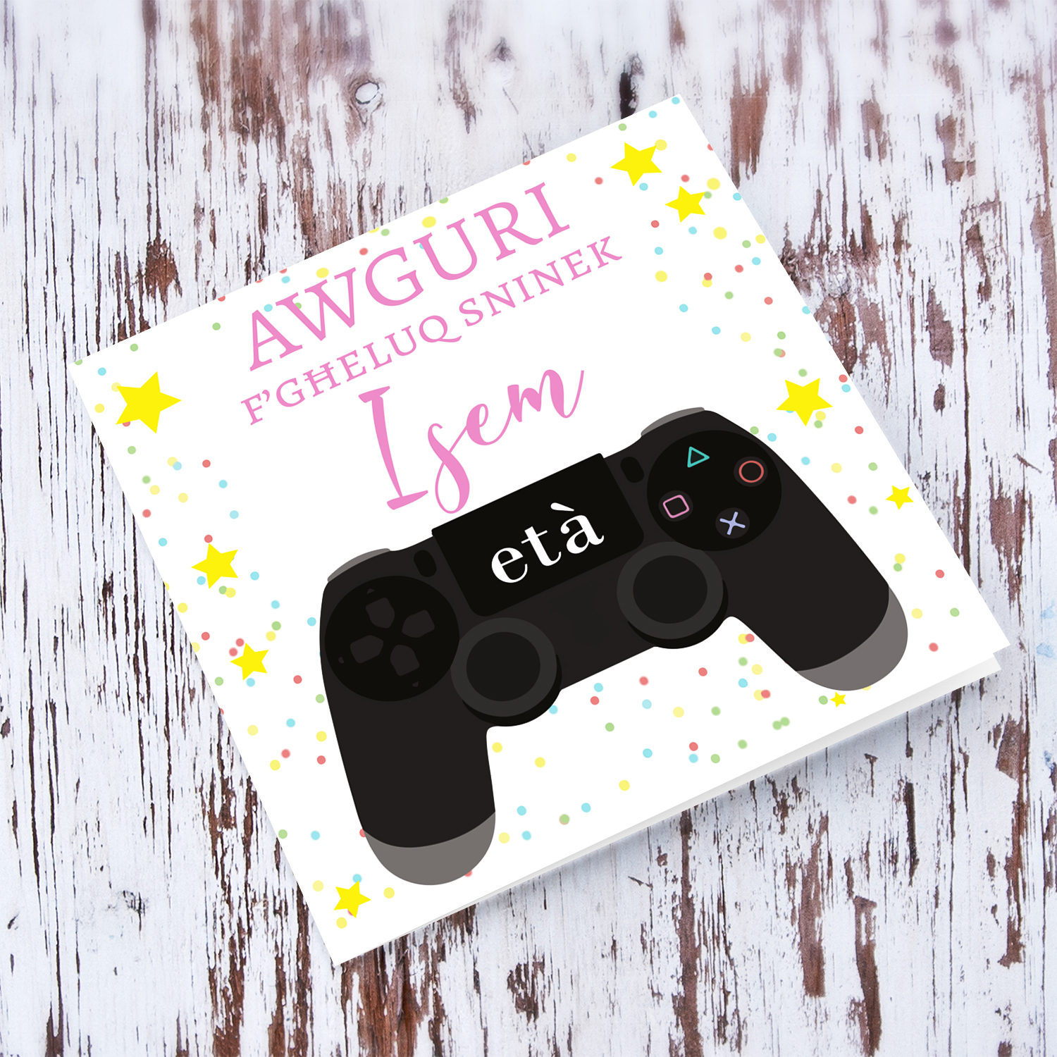 Game controller themed personalisable birthday card with pink text in Maltese
