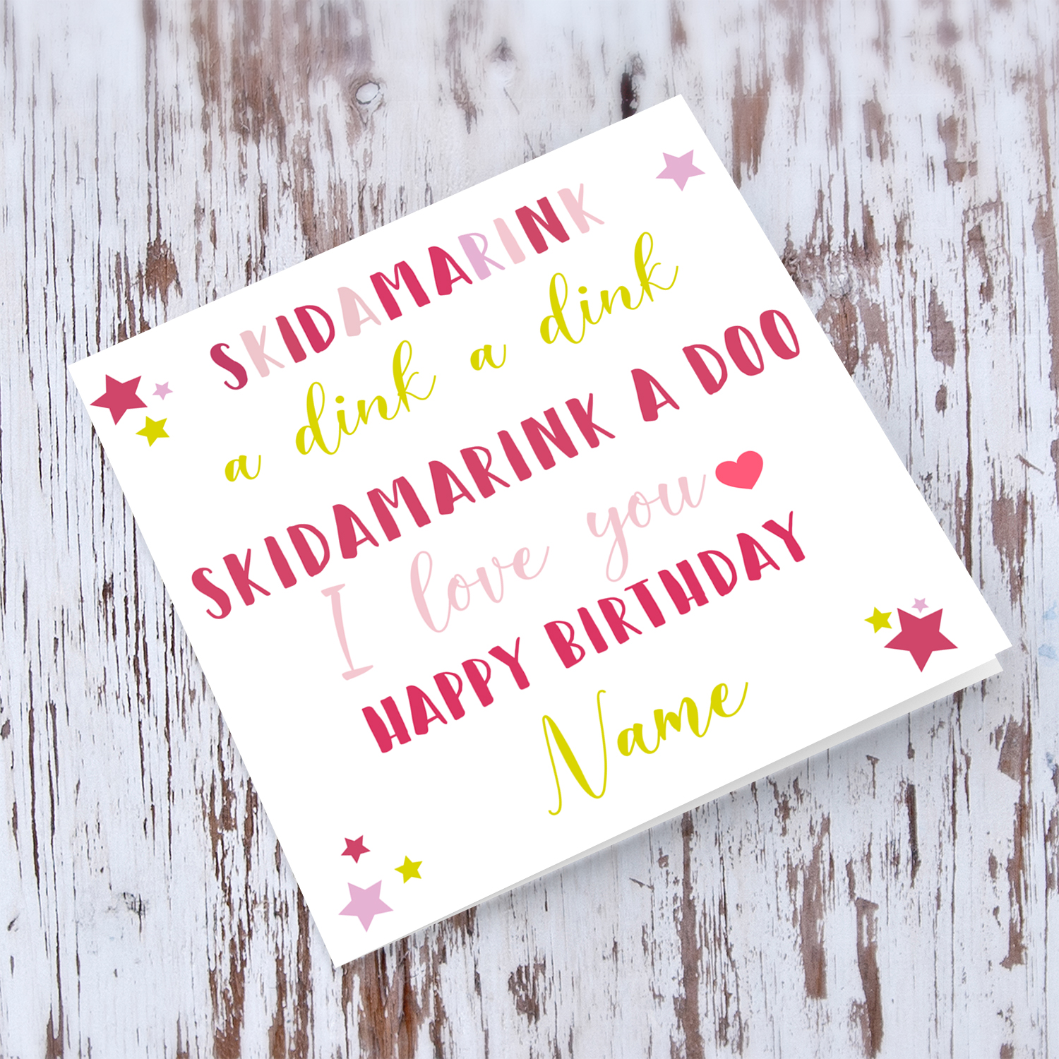 Skidamarink a dink a dink birthday card for girls / female in English (Personalisable)