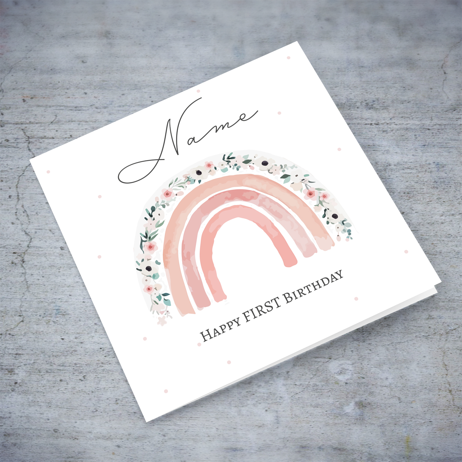 Floral rainbow themed First birthday card for a girl in English (Personalisable)