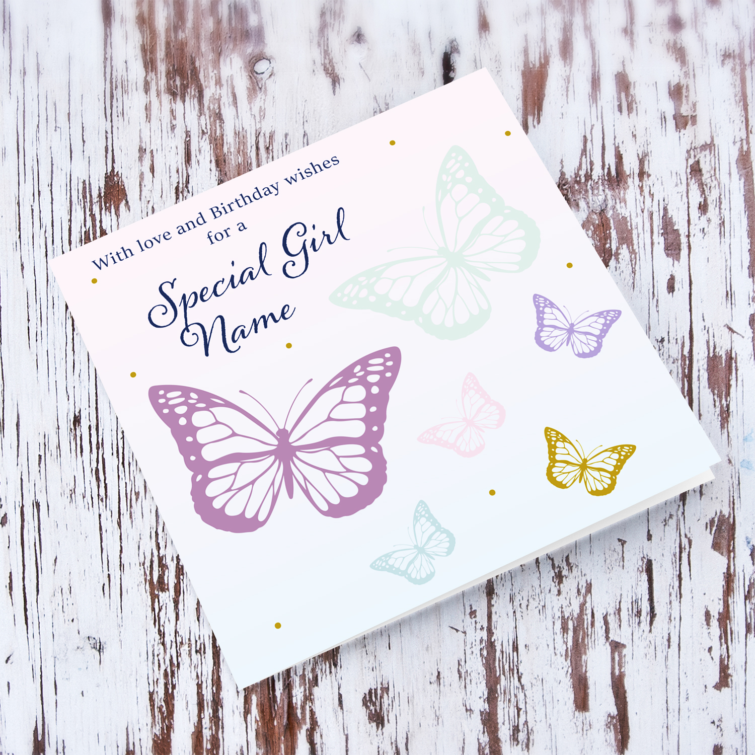 Butterfly themed birthday card for a special girl with a gradient background of pink and blue in English
