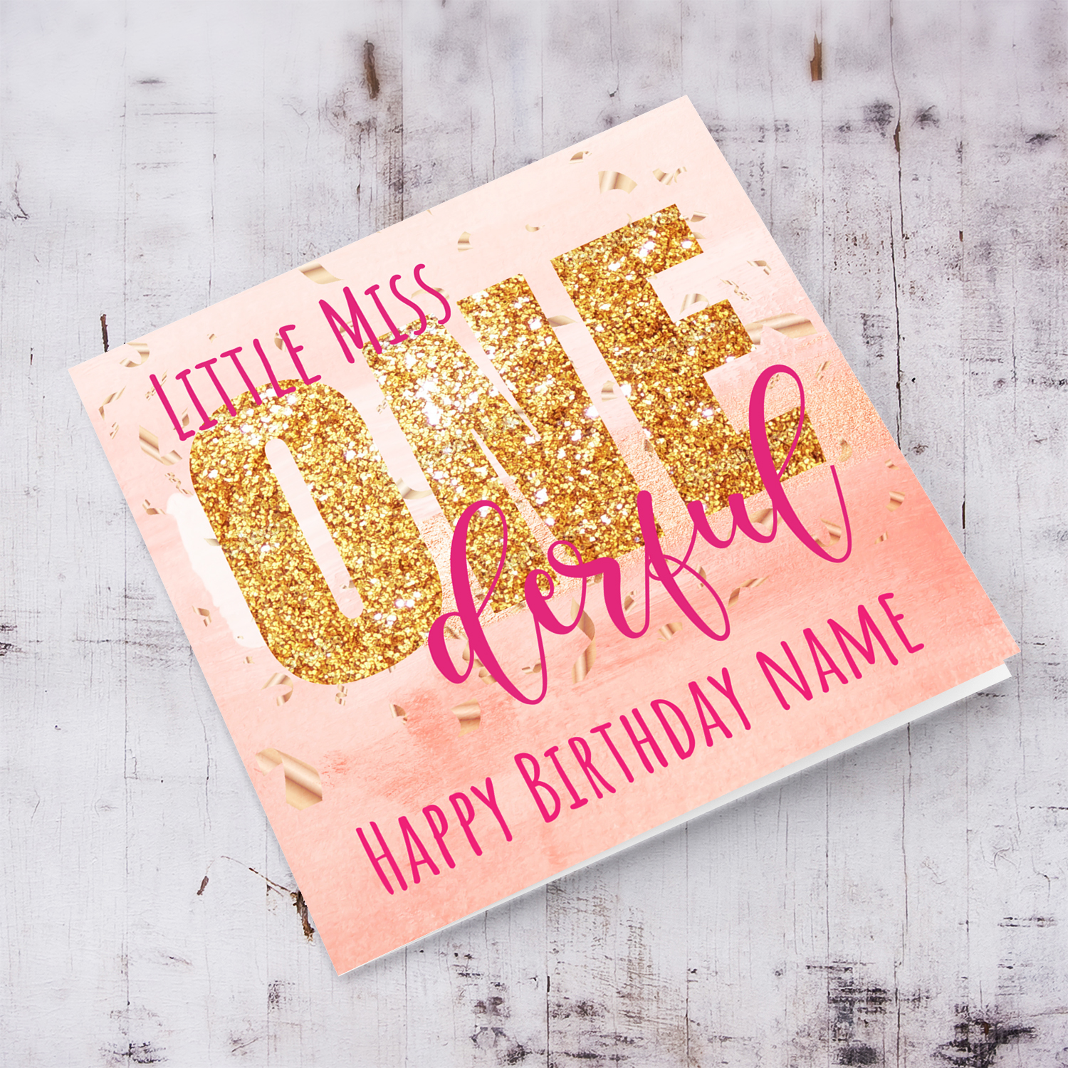 Onederful themed birthday card for girls in pink and golden glitter text - English & Personalisable