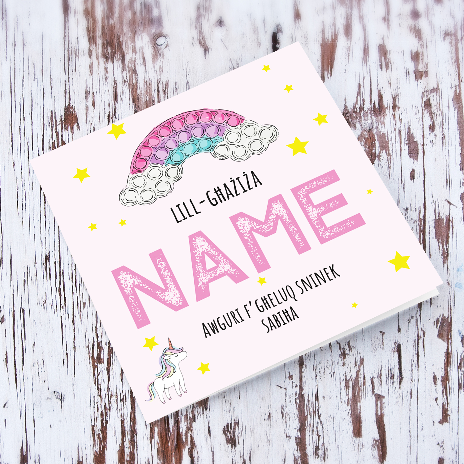 Cute rainbow and unicorn themed birthday card for female in Maltese (Personalisable)