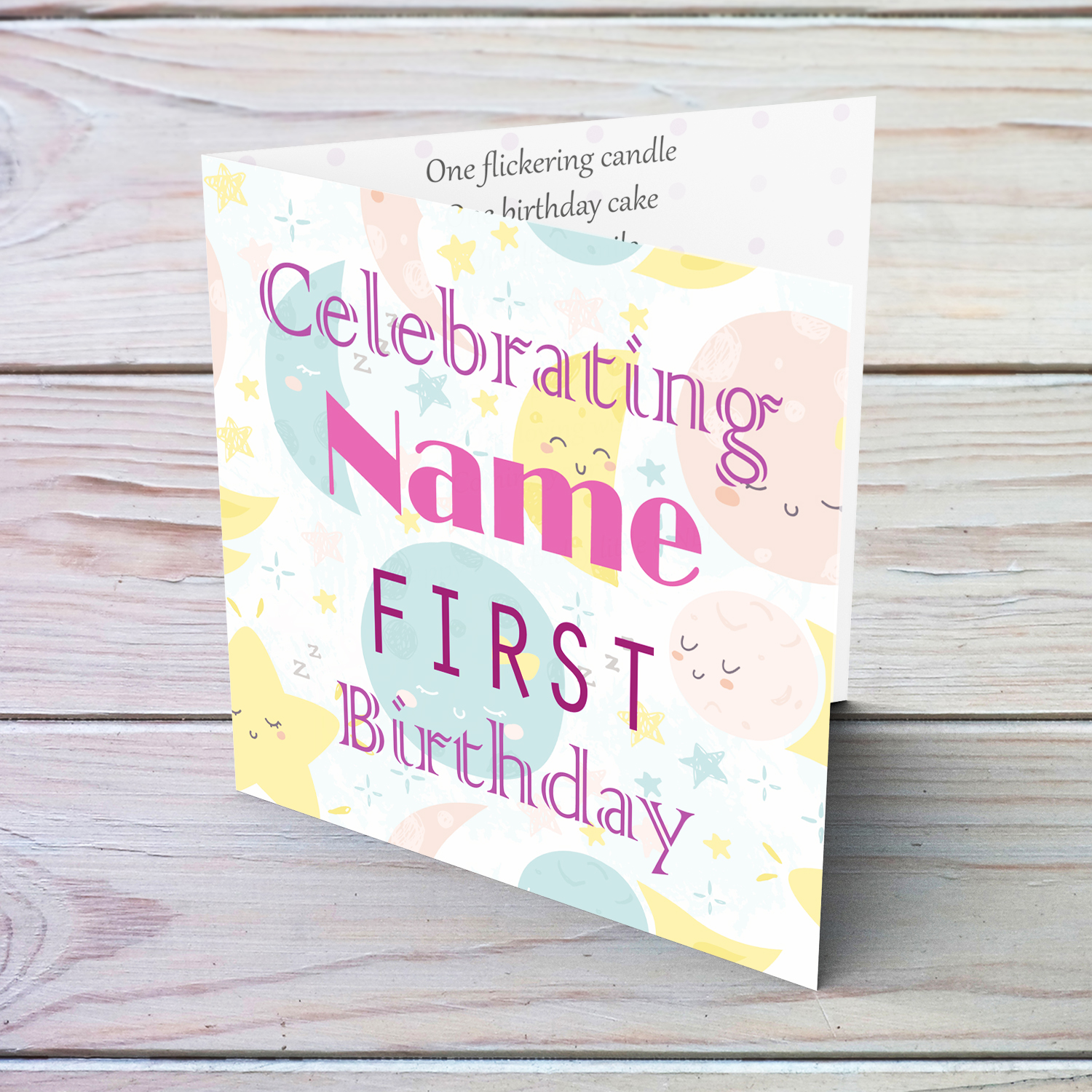 First birthday card with moon and stars background for girls in English (Personalisable)