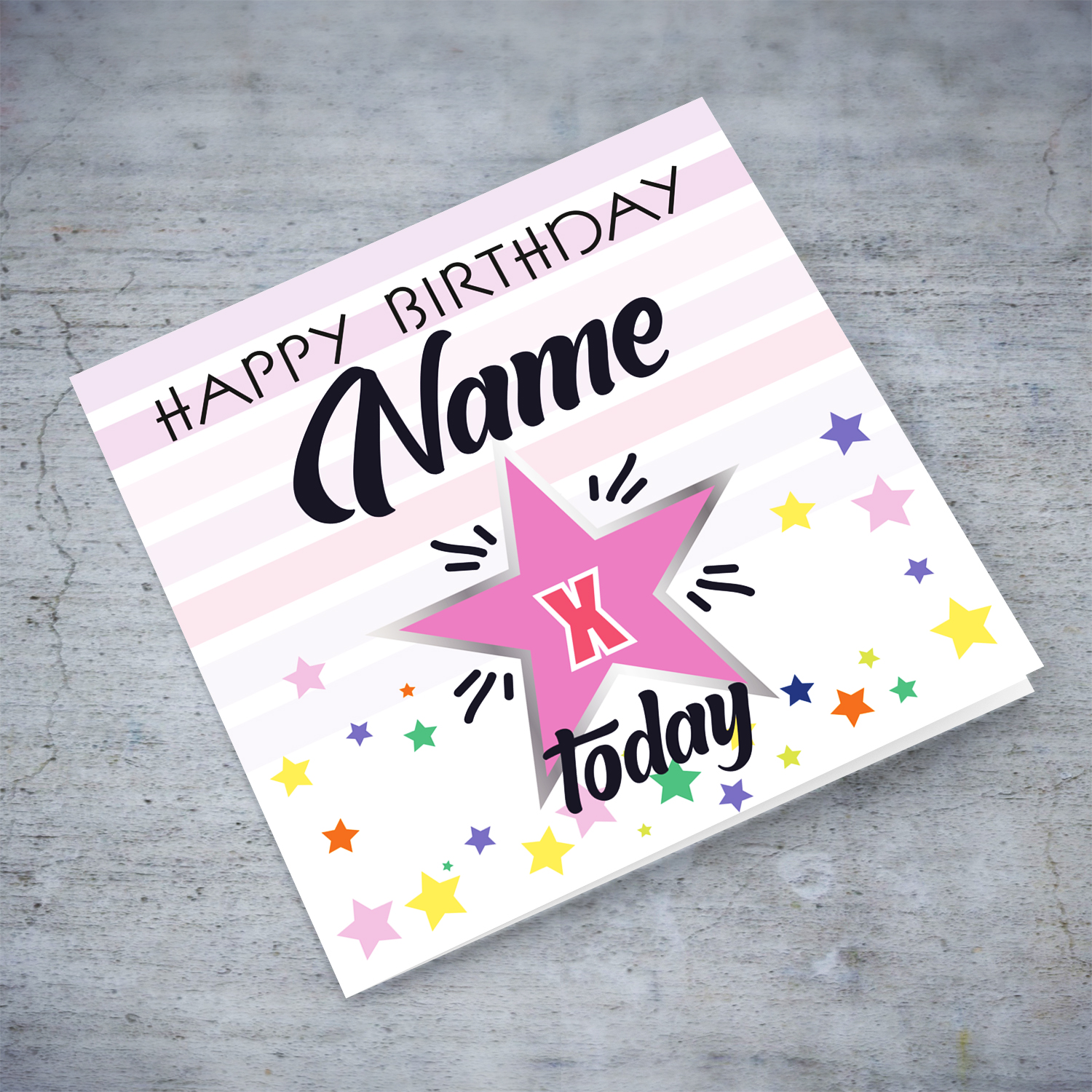 Pink themed birthday card with scattered stars in English (Personalisable) 