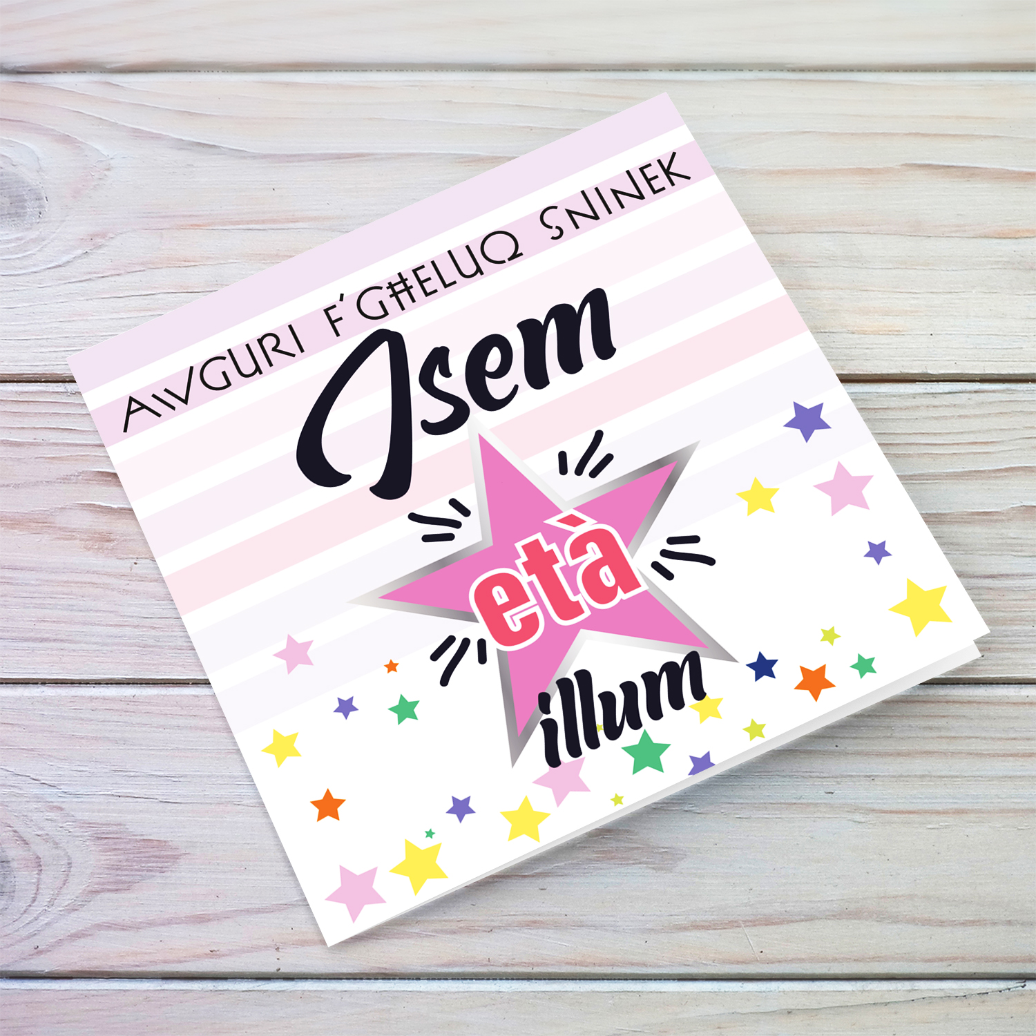 Pink themed birthday card with scattered stars in Maltese (Personalisable)