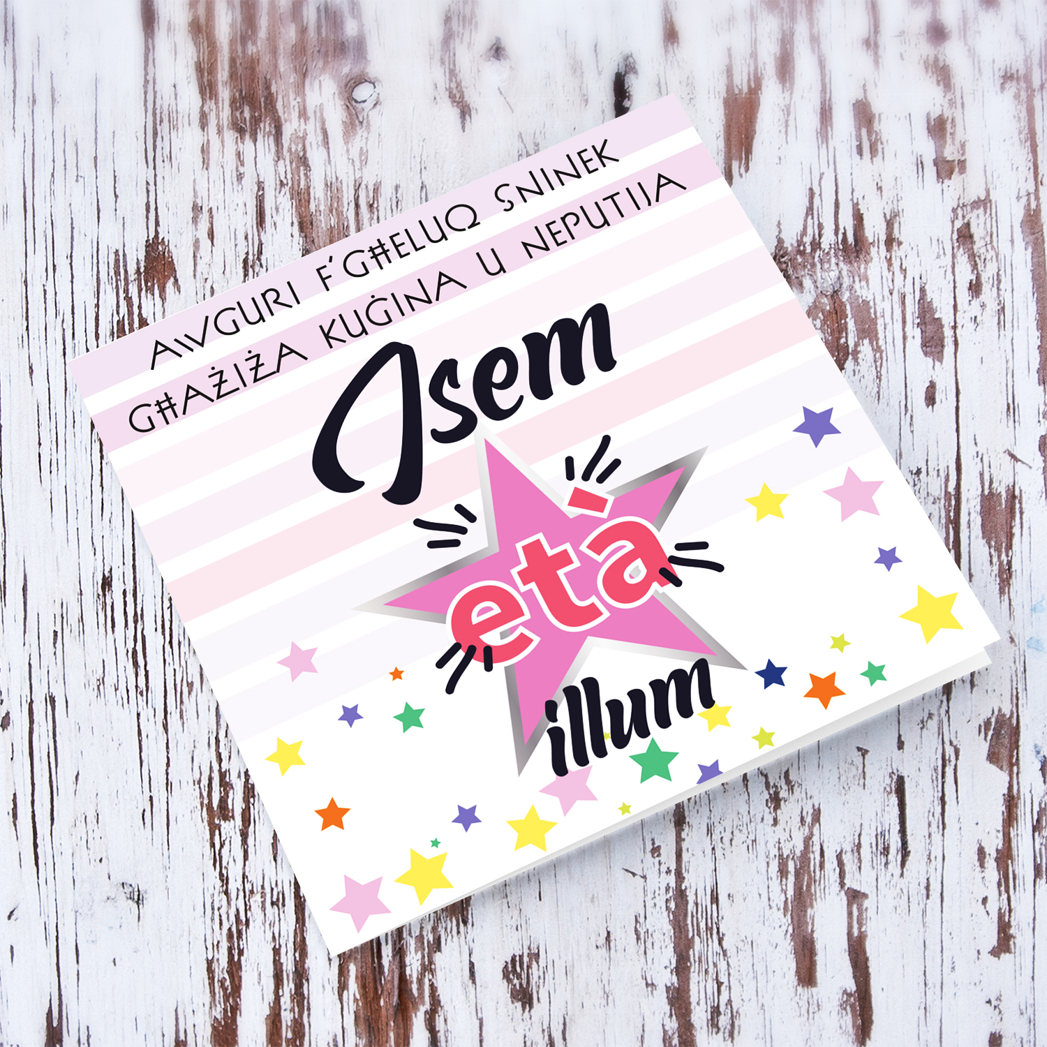 Pink themed birthday card for cousin and niece with scattered stars in Maltese (Personalisable)