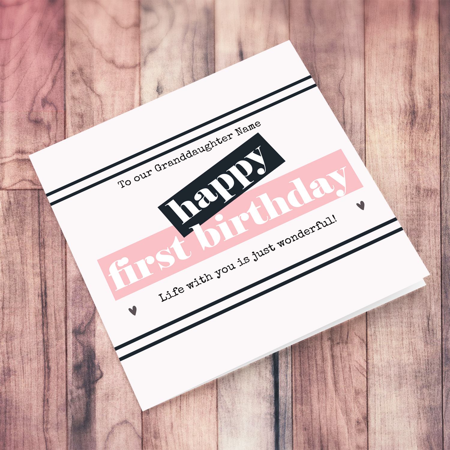 First birthday card for Granddaughter with shades of pink in English (Personalisable)