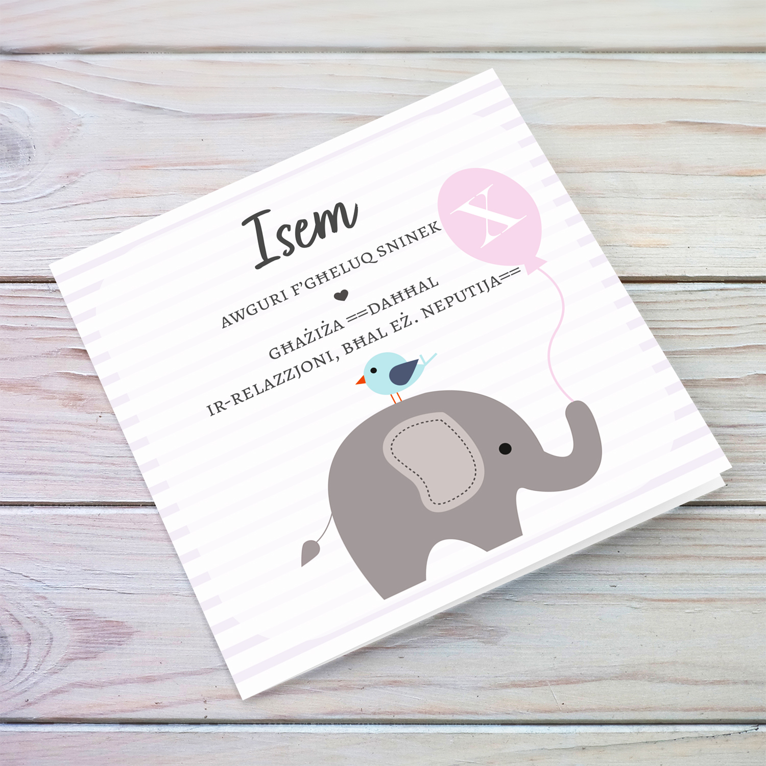 Elephant themed birthday card for in pink and white striped background in Maltese (Personalisable)