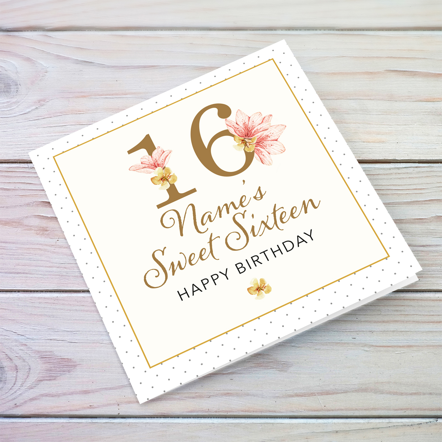 Sweet 16 birthday card in gold and light colours in English (Personalisable)