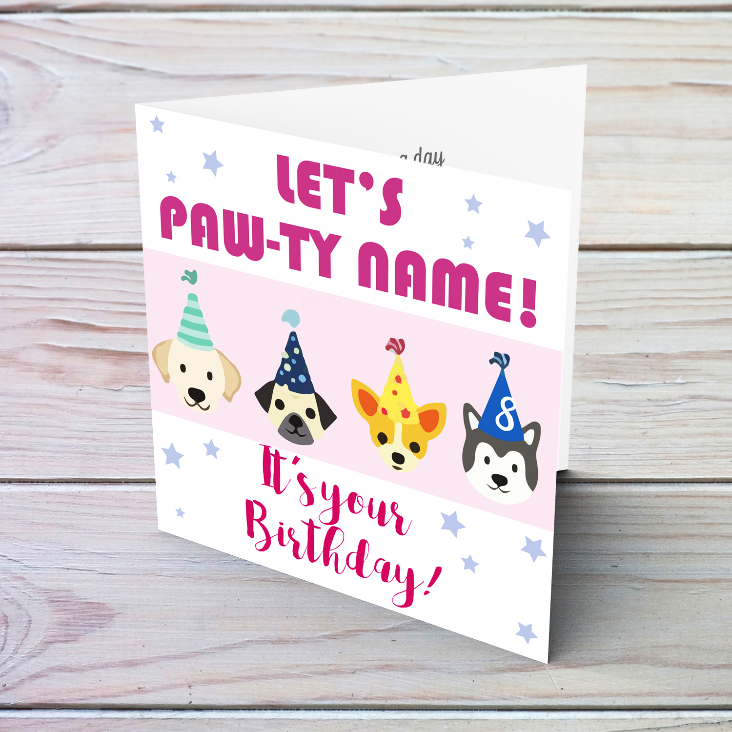Dog themed birthday card with pink text in English (Personalisable)