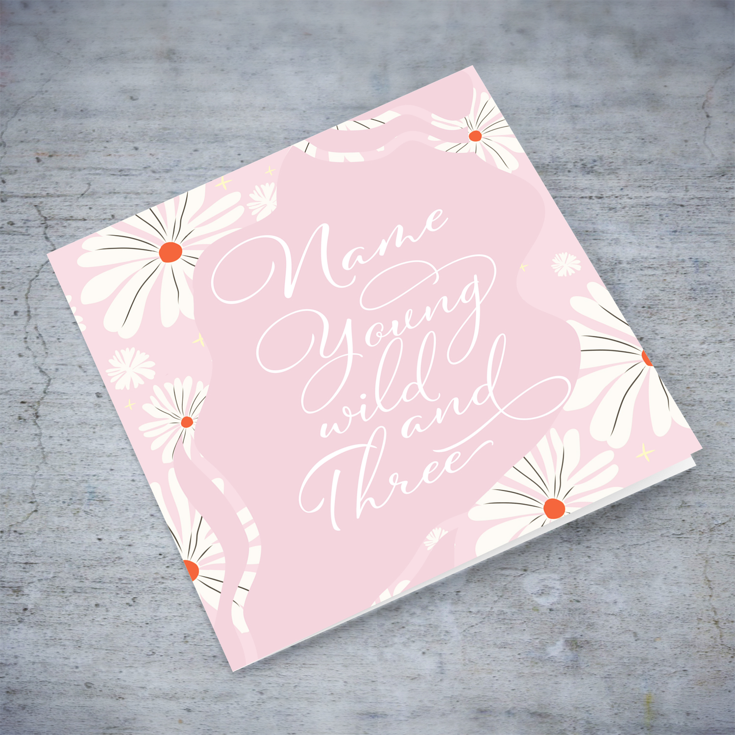 Pink background and flower themed birthday card for girls - Young wild and Three in English (Personalisable)