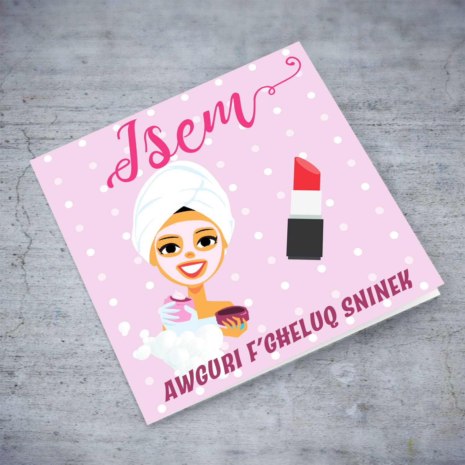 "Spa" themed birthday card with a pink dotted background for girl in Maltese (Personalisable)