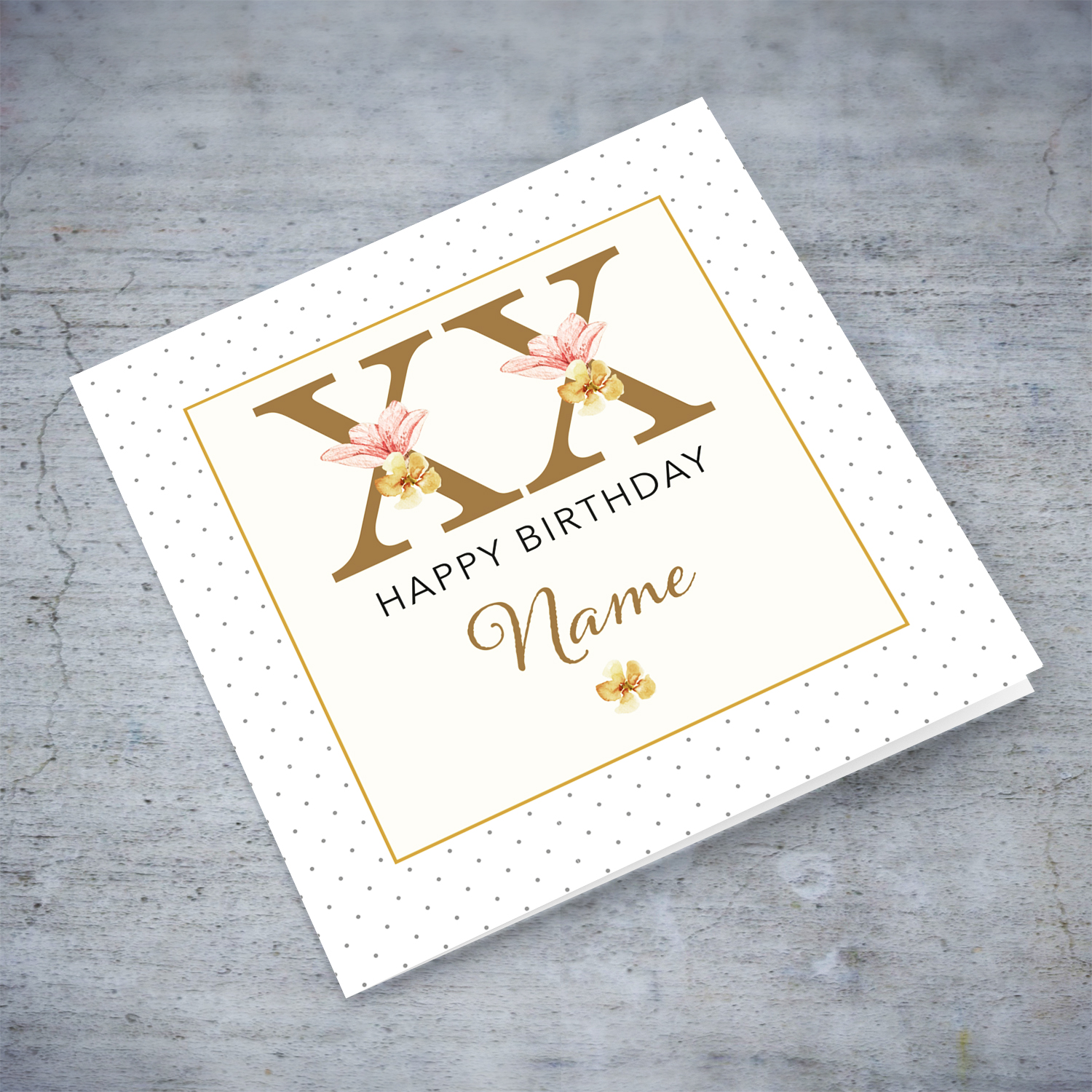 Elegant and dainty birthday card with pink and gold flowers in English (Enter Age)