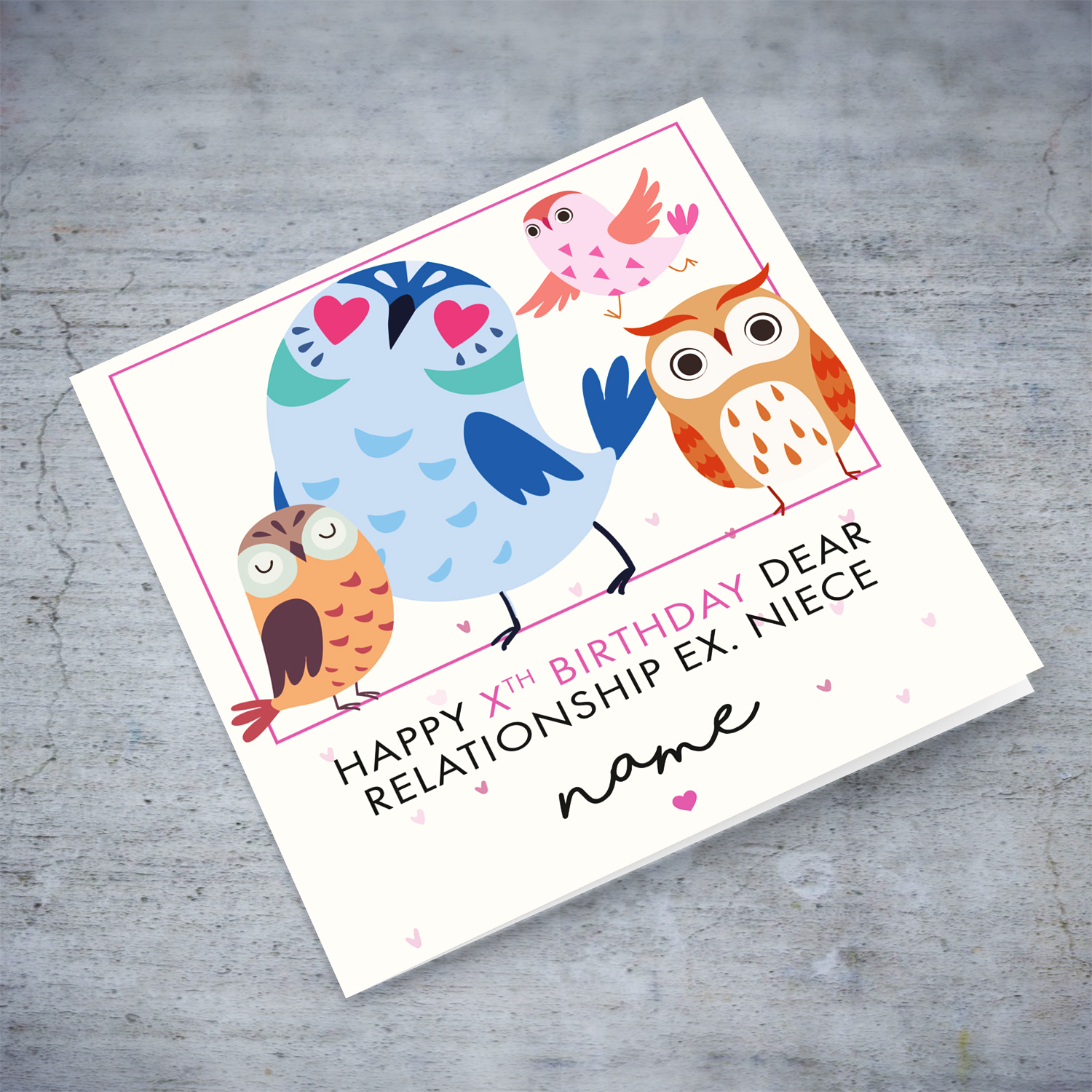 Cute owl themed birthday card for girl in English (Enter Age & Relationship)