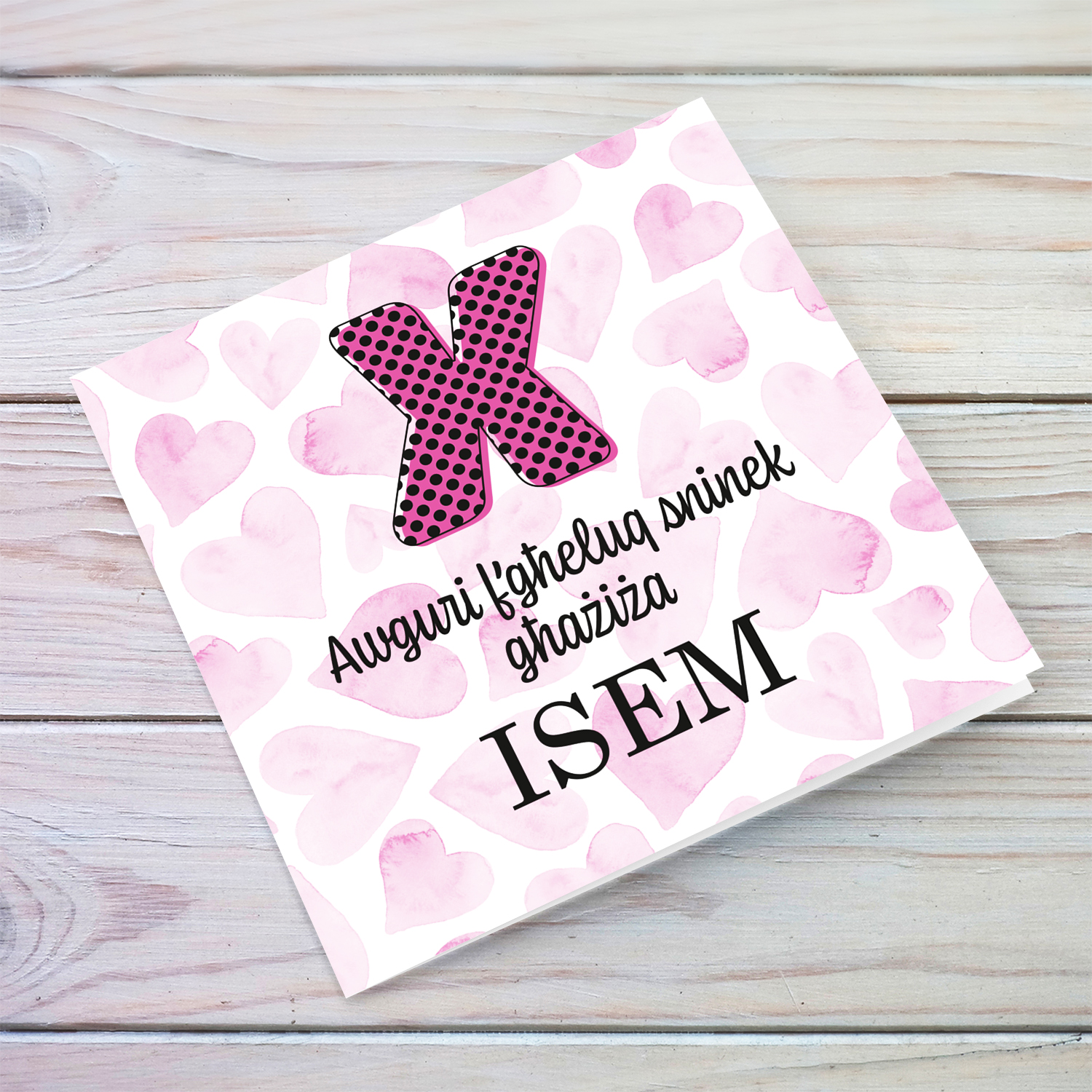 A pink heart themed birthday card in Maltese (Personalisable & Enter Age)