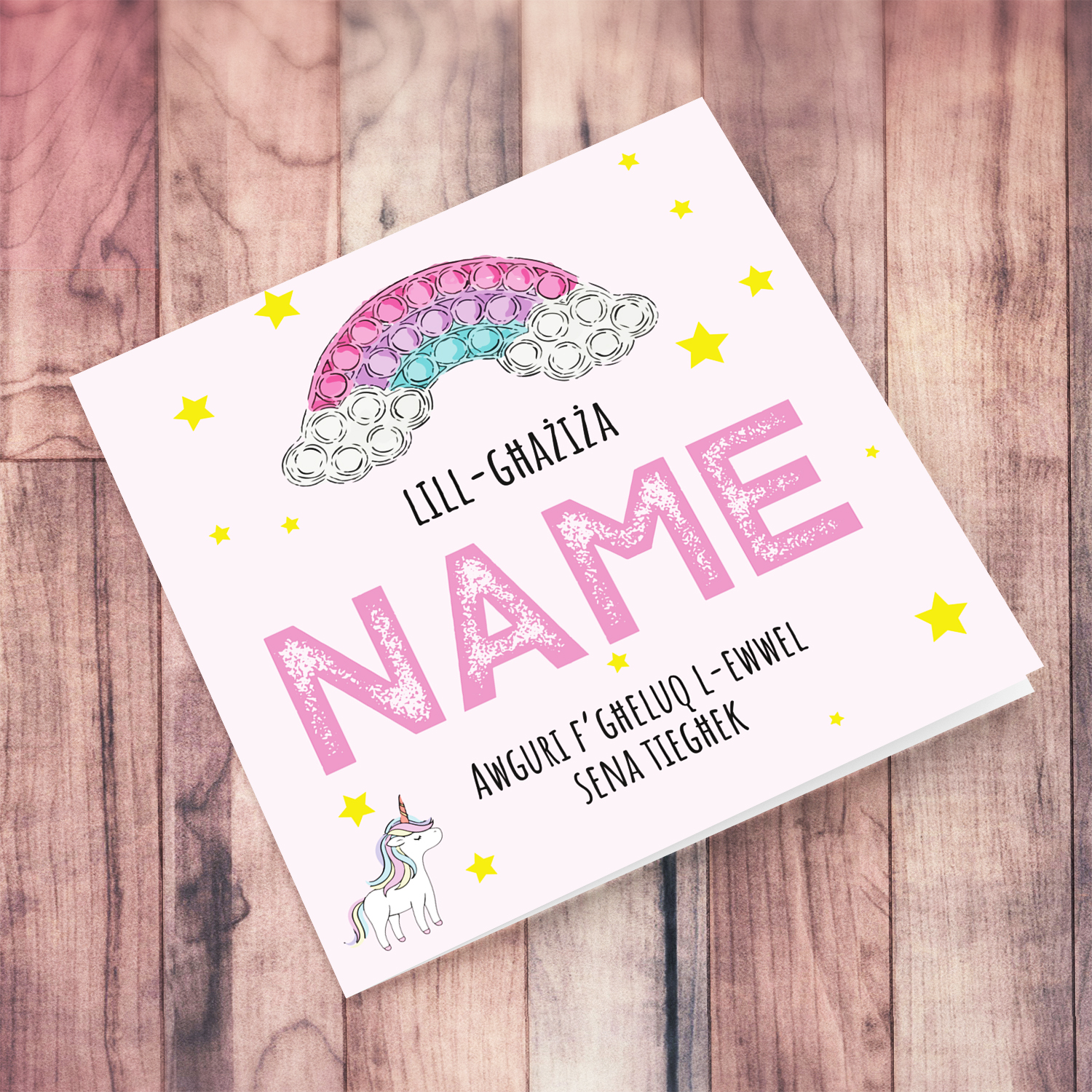 Cute rainbow and unicorn themed first birthday card for female in Maltese (Personalisable)