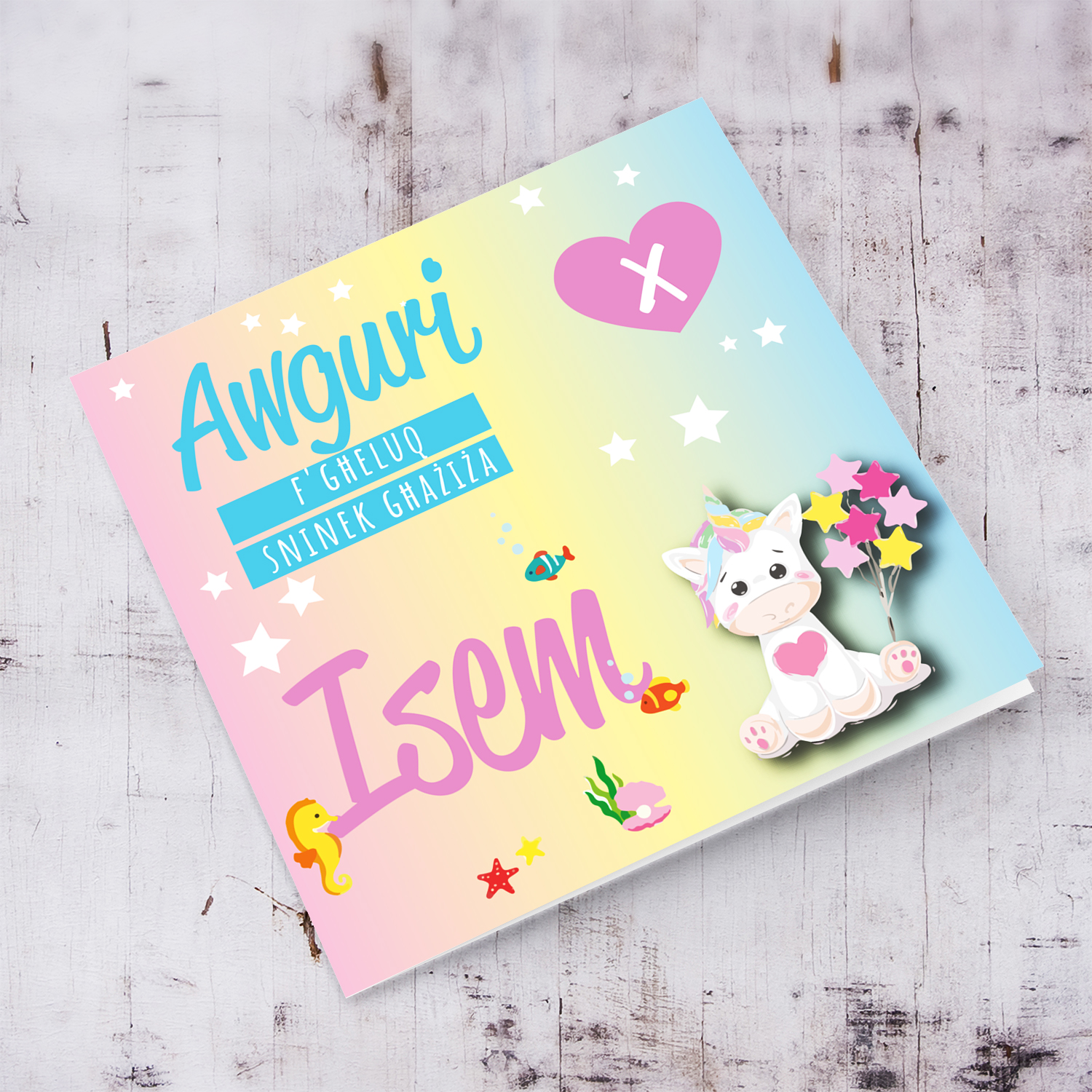 Colourful rainbow pastel coloured background unicorn themed birthday card in Maltese (Enter Age) Personalisable