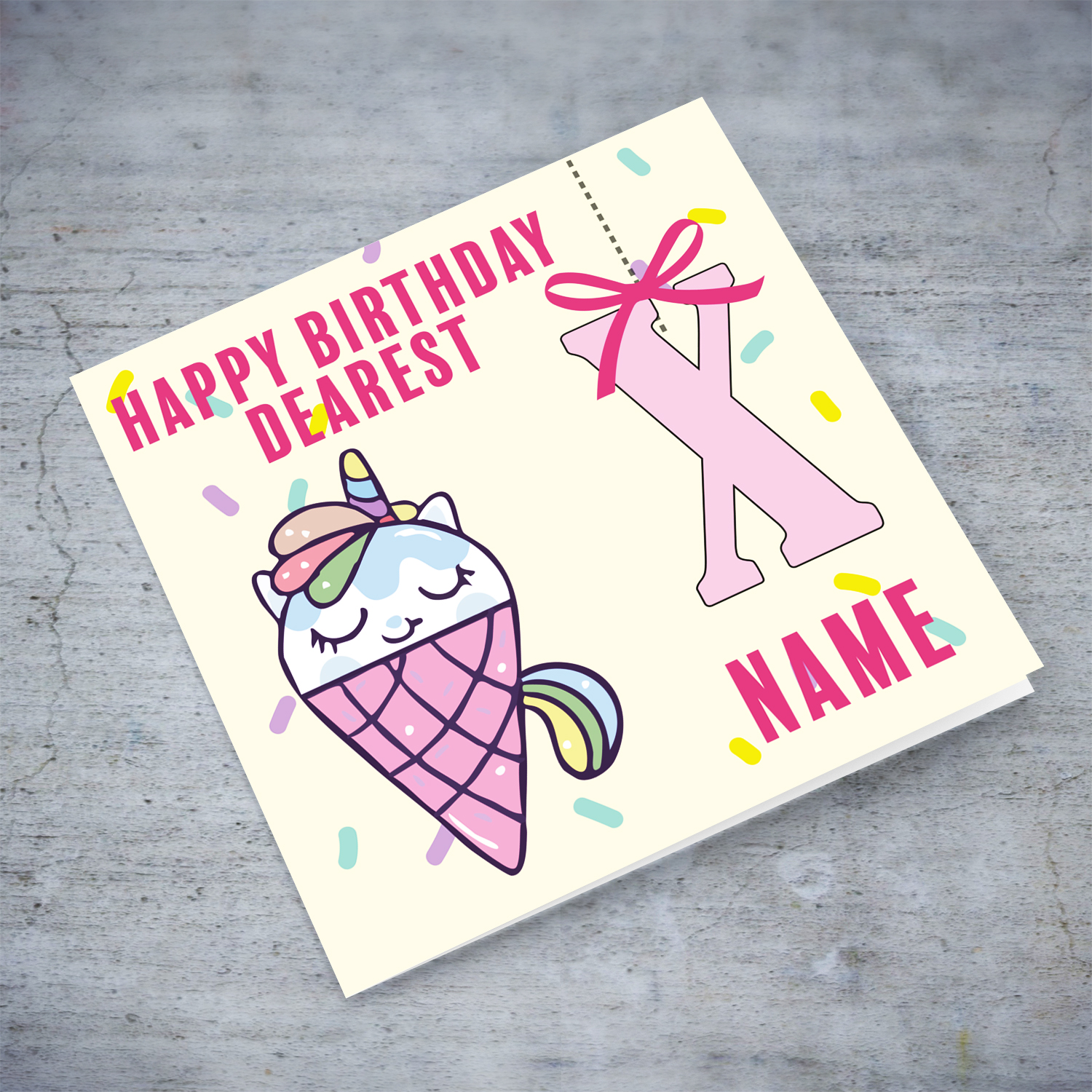 Unicorn ice cream themed birthday card with scattered colourful confetti in English (Enter Age & Personalisable)