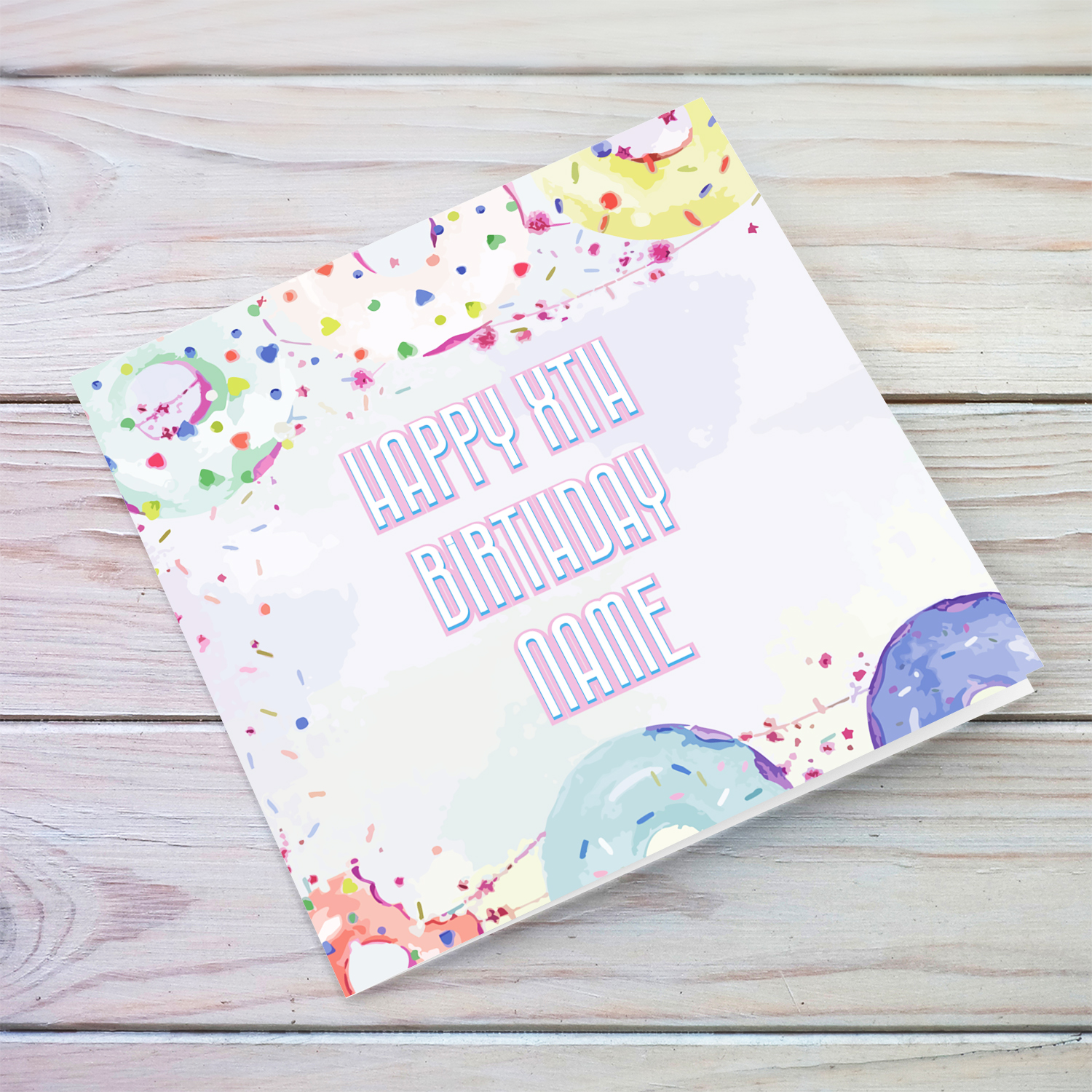 A colourful donut themed birthday card in pastel colours in English (Personalisable)