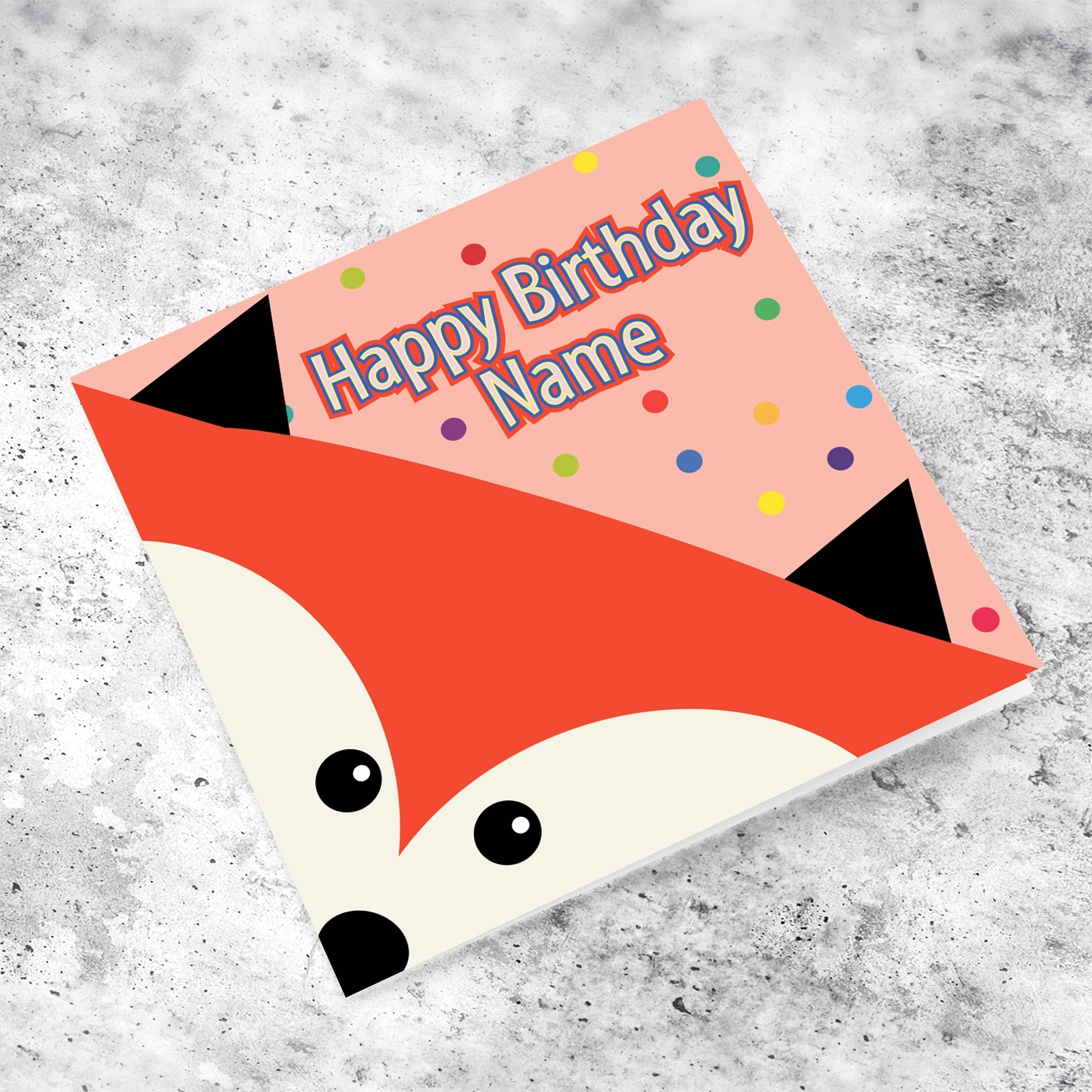 A cute fox themed birthday card in light pink background and scattered colourful dots in English