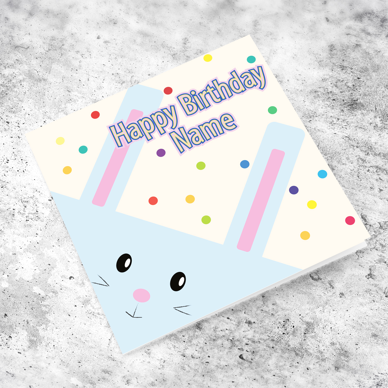 A cute rabbit themed birthday card with colourful dotted background in English