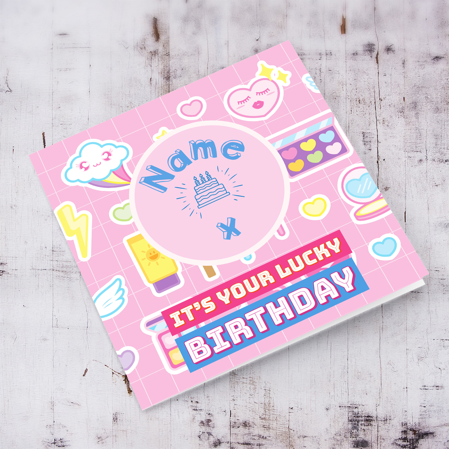 A beautiful, colourful, makeup themed LUCKY birthday card in English (Personalisable with name and age) 