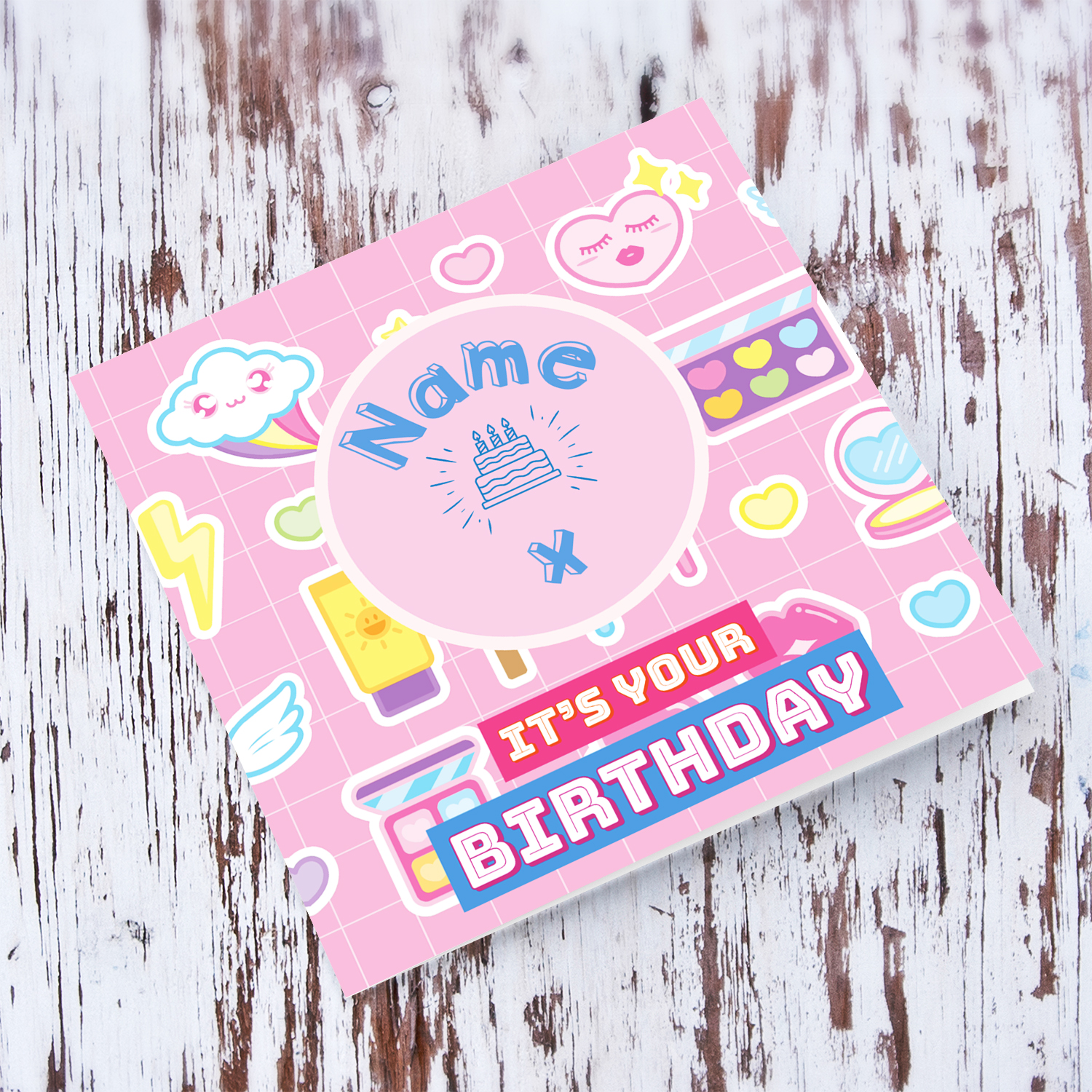 A beautiful, colourful, makeup themed birthday photo card in English (Personalisable with Name & Age)