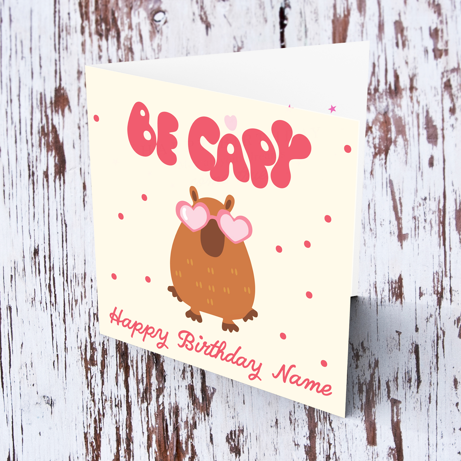 Be Capy - Cute and fun birthday card, featuring a capybara wearing heart shaped sunglasses in English (Personalisable)