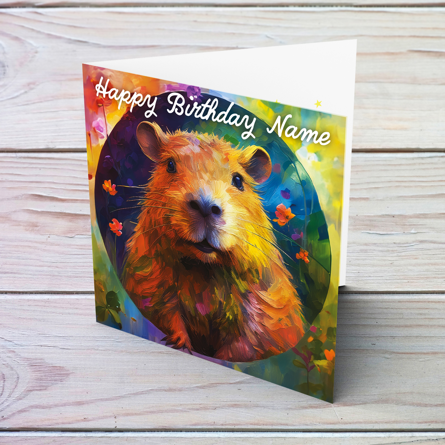 A cute birthday card featuring a painting of a capybara in English (Personalisable)