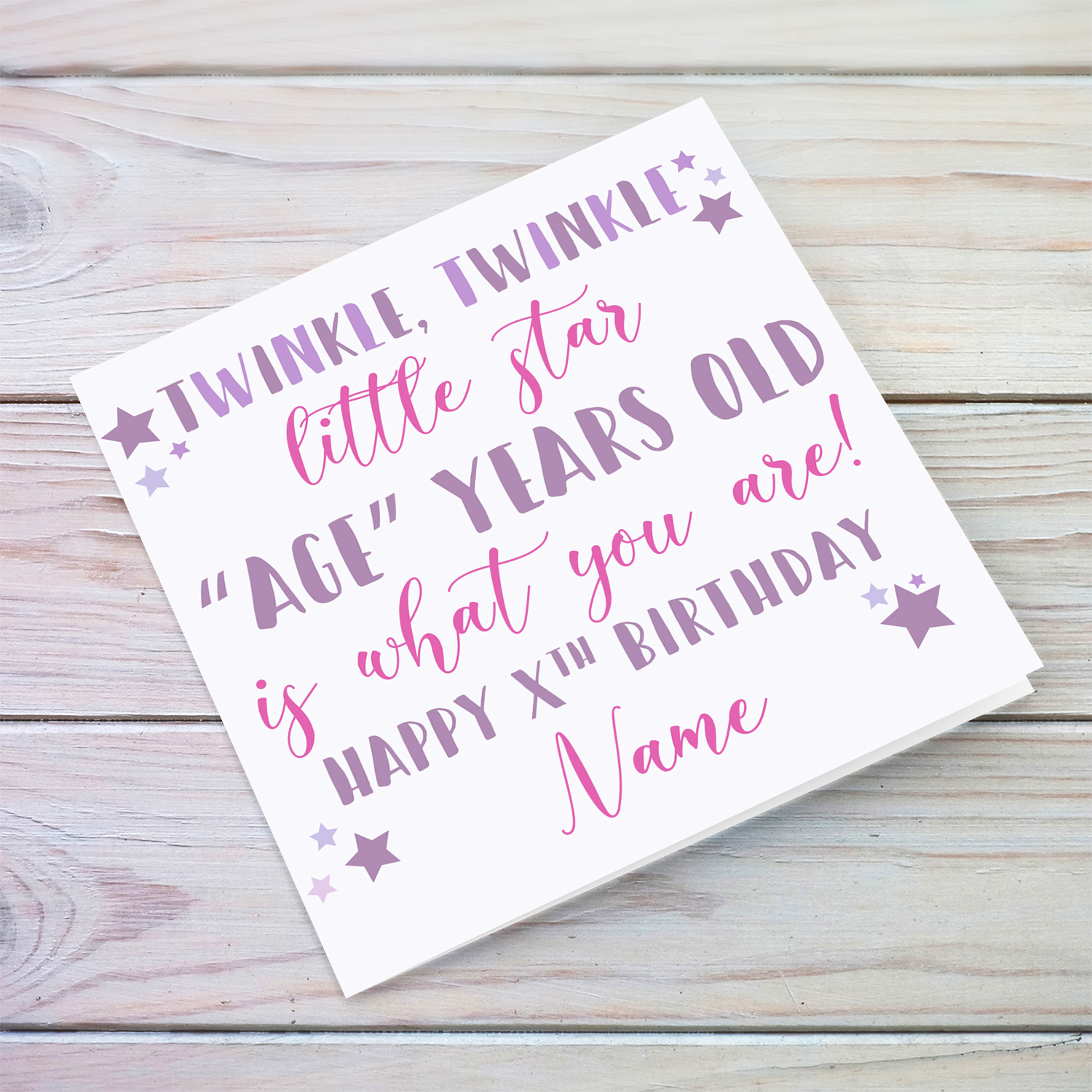 Twinkle twinkle little star birthday card for girls in shades of pink and purple in English (Personalisable)