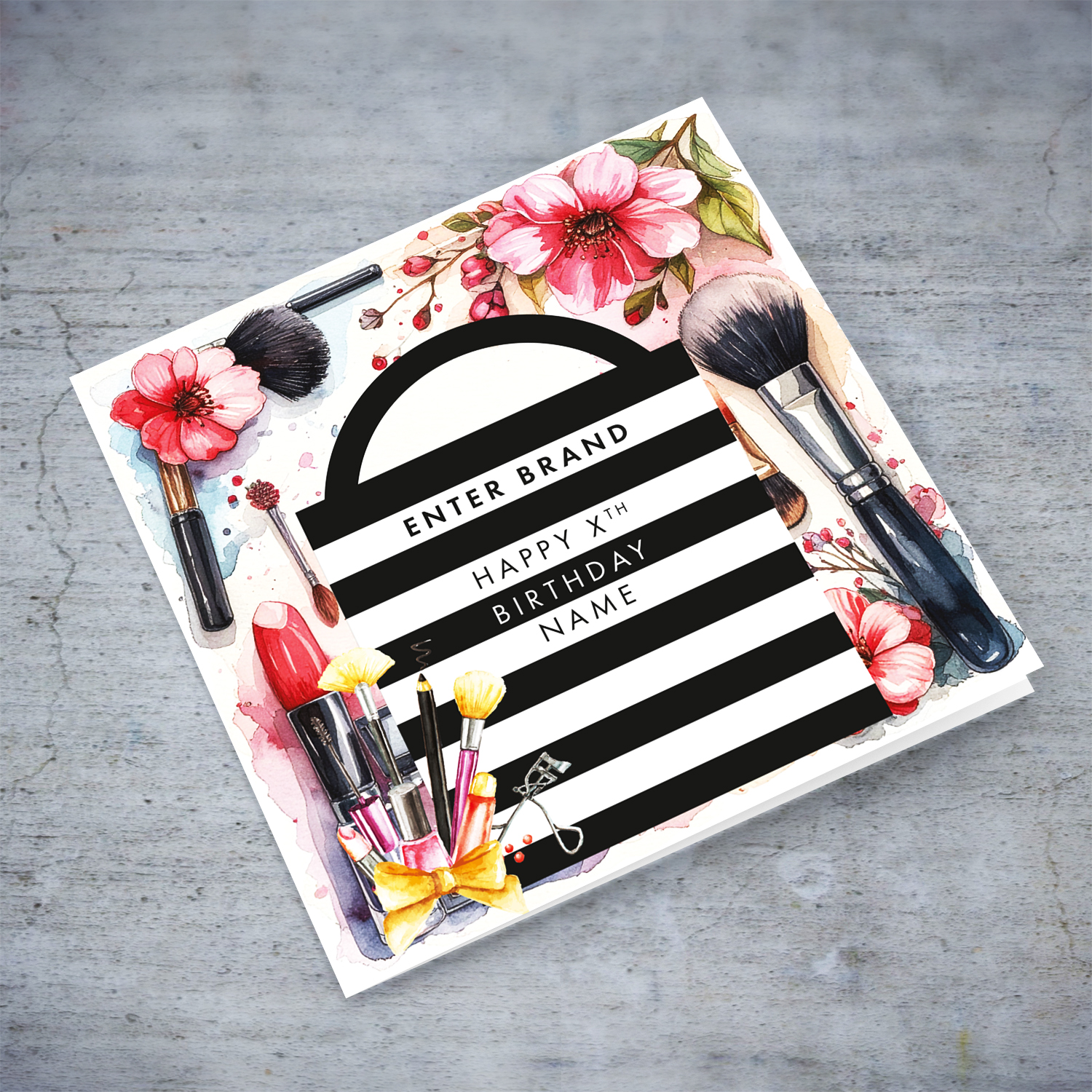 A beautiful make up themed birthday card, featuring a black and white striped bag including various florals in English (Enter Age & Personalisable)