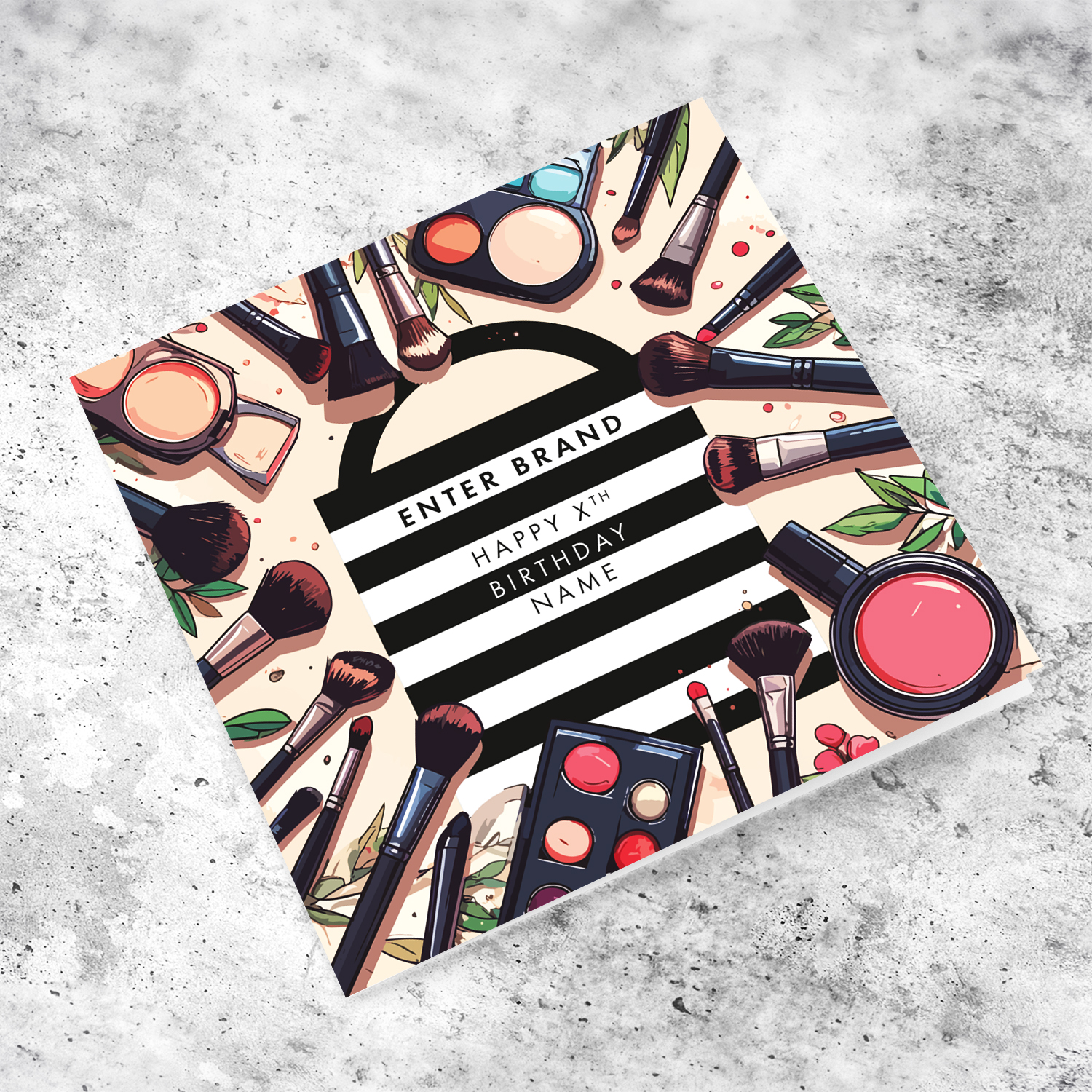 A beautiful make up themed birthday card, featuring a black and white striped bag including various make up brushes in English (Enter Age & Personalisable)