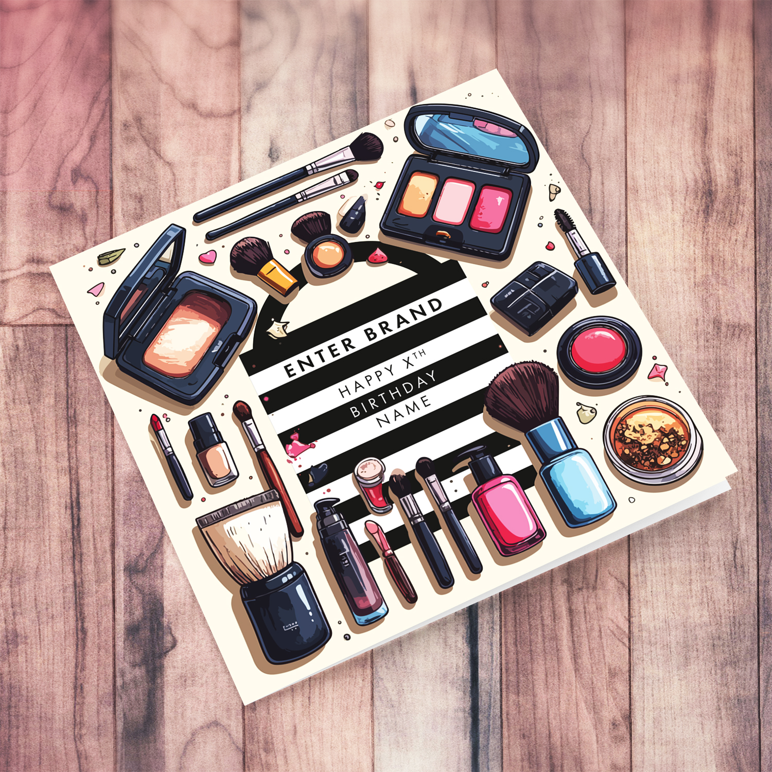A beautiful make up themed birthday card, featuring a black and white striped bag in English (Enter Age & Personalisable)