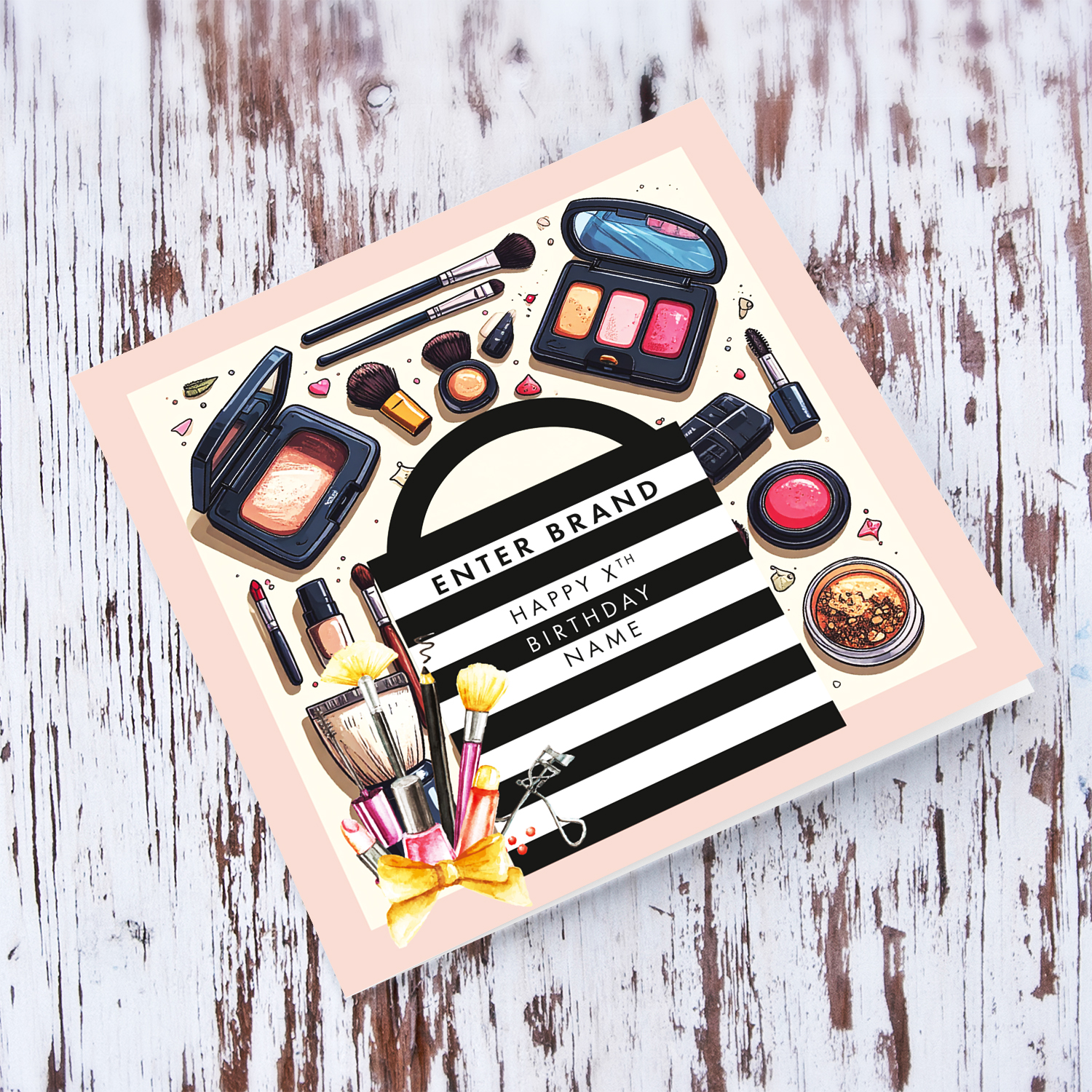A beautiful make up themed birthday card, featuring a black and white striped bag with a light pink border in English (Enter Age & Personalisable)